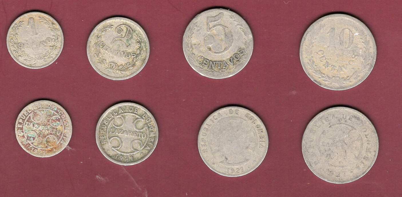 Colombia Lazareto set 4 coins 1,2,5,10 centvos 1921 Fine