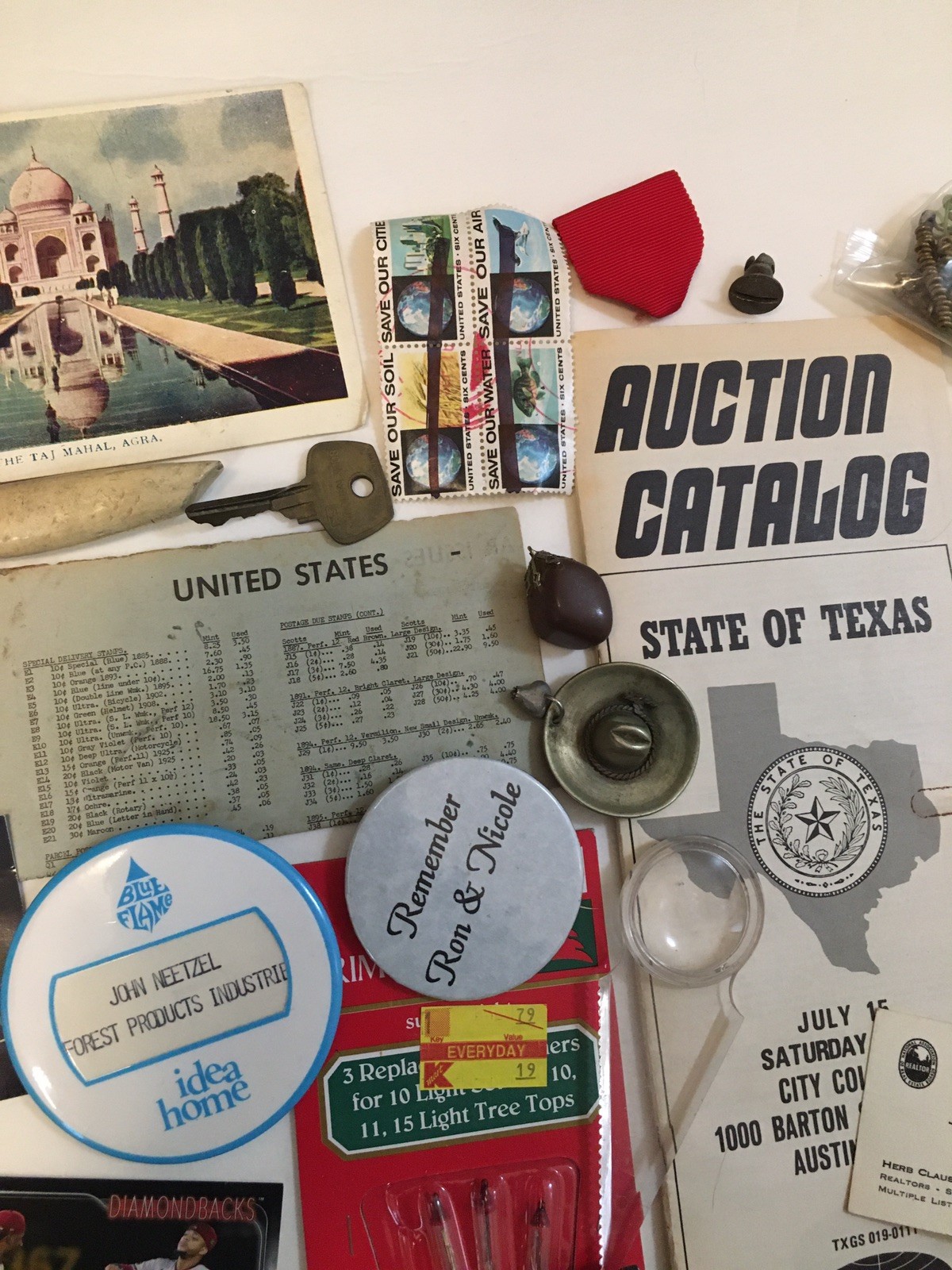Vintage Junk Drawer Lot Ephemera Pinback Buttons Texas Auction Catalog Songbook