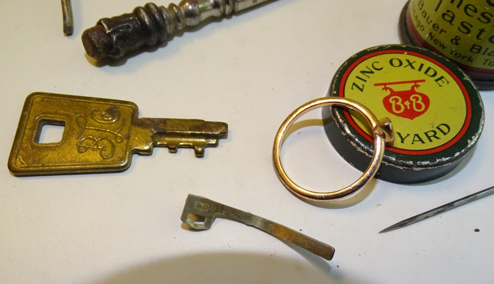 Junk found at estate sale; button hook, Keys, Rings, Shield Pin, Boot Charm, etc