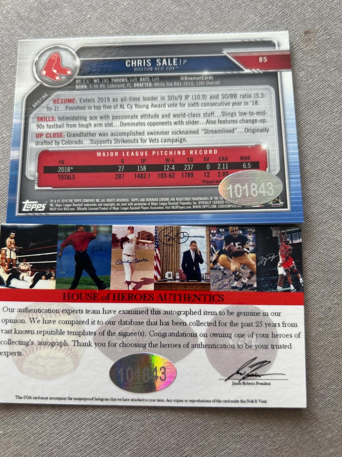 Chris Sale Signed Autographed Boston Red Sox Chrome Baseball Card w/COA