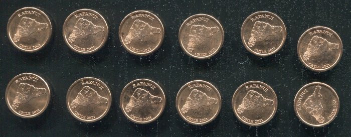 EASTER ISLAND SET OF 12 COINS 1 PESO 2021 MOAI STATUE COPPER 14mm UNC