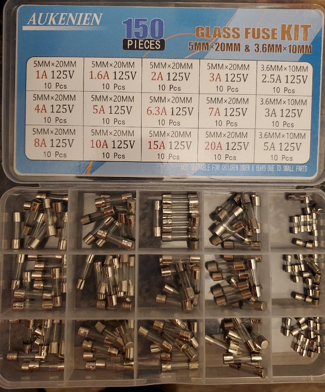 AUKENIEN Fast Blow Glass Fuses Kit 15 Values 450pcs 5x20mm 2.5A & 3.6x10mm(125V)