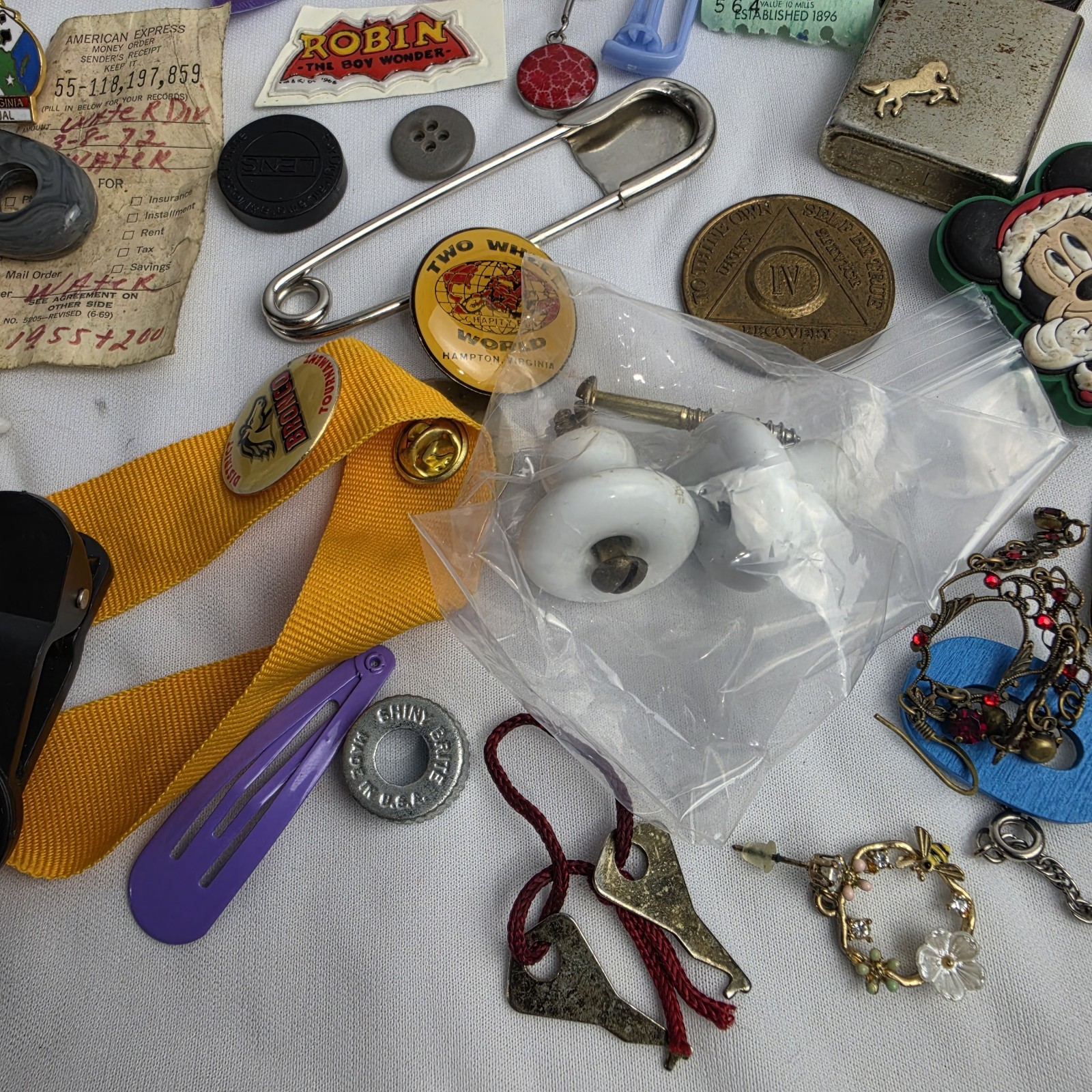 Junk Drawer Lot Toys Pins Stamps Military Coin Trinket Jewelry Patches Vintage