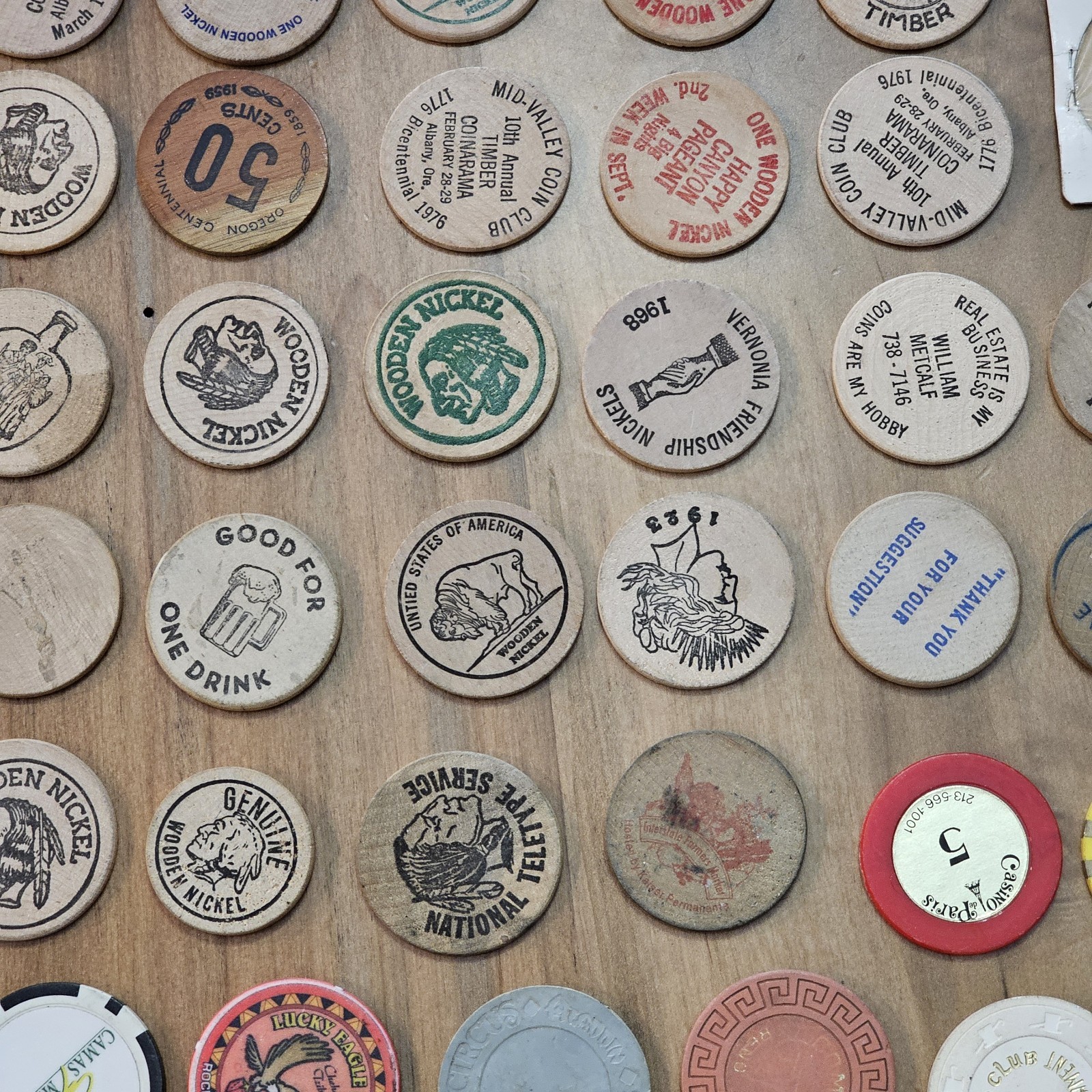 Junk Drawer Lot- Wooden Nickels, Casino Chips, Milk Cap -Washington, Oregon, Ect