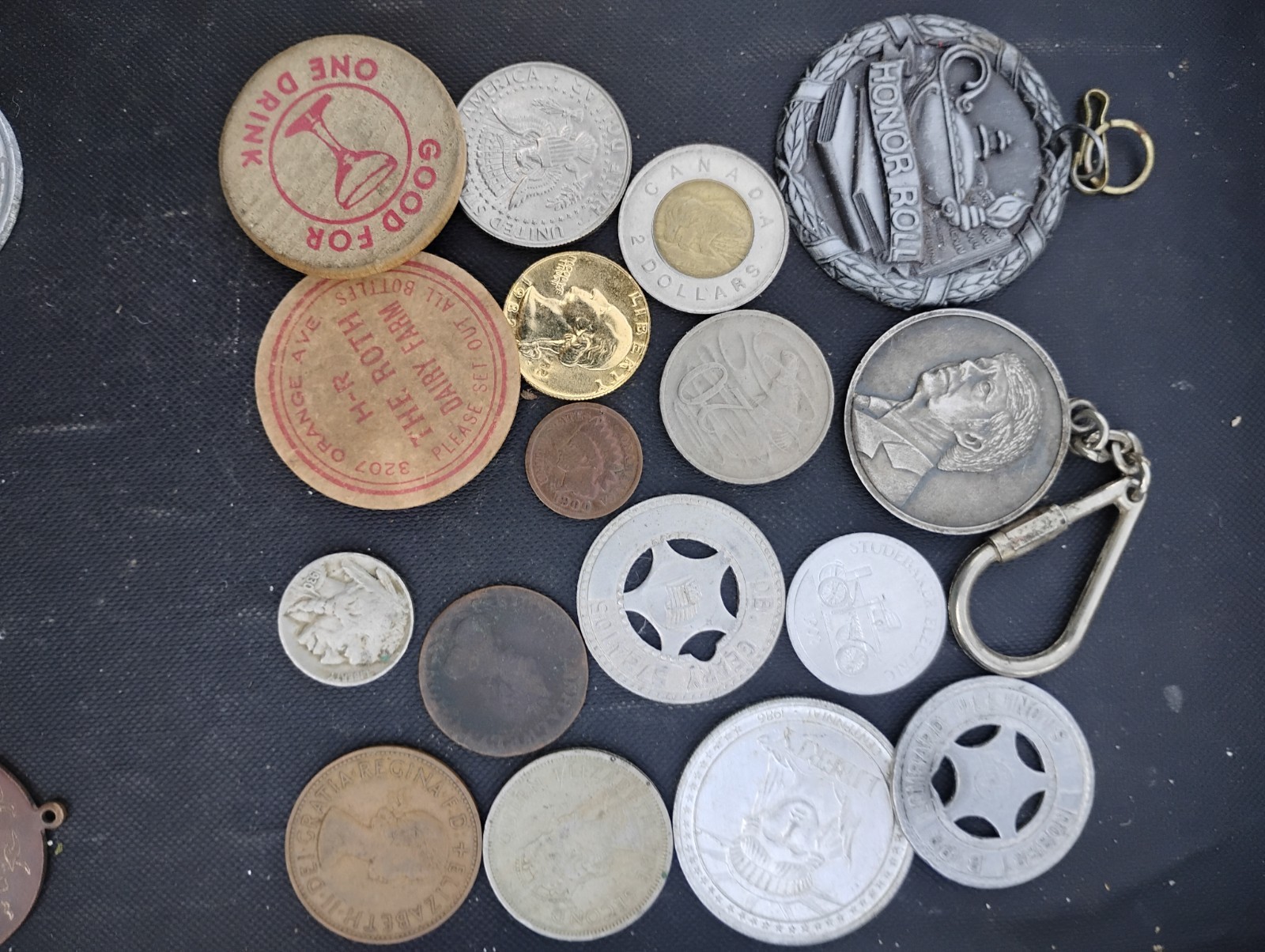 junk drawer lot tokens coins relig. pins key chain lot1 over 60 pieces