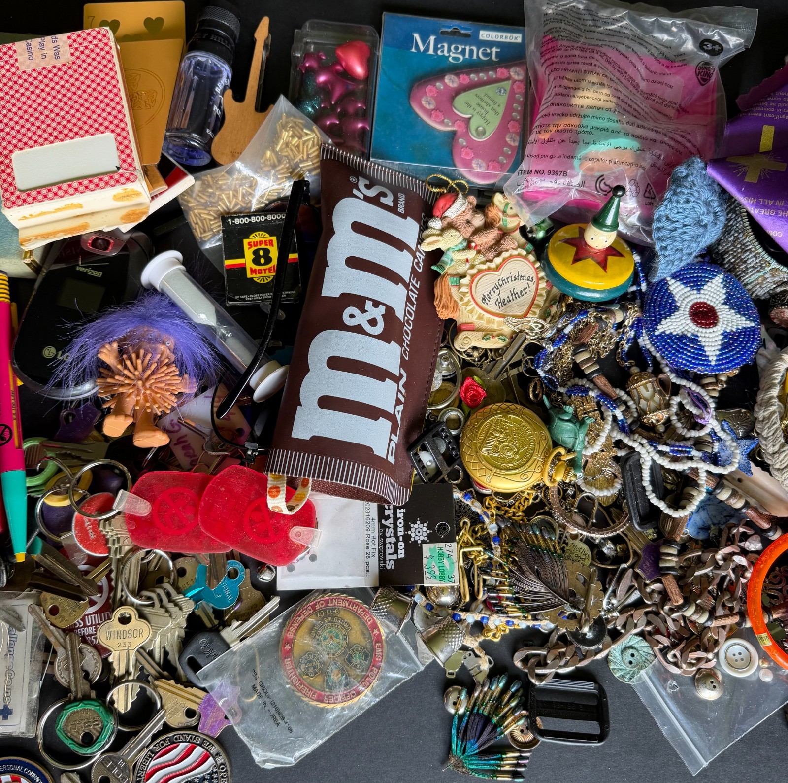 Vintage Junk Drawer Lot Estate Finds Jewelry Keys Buttons Military ect