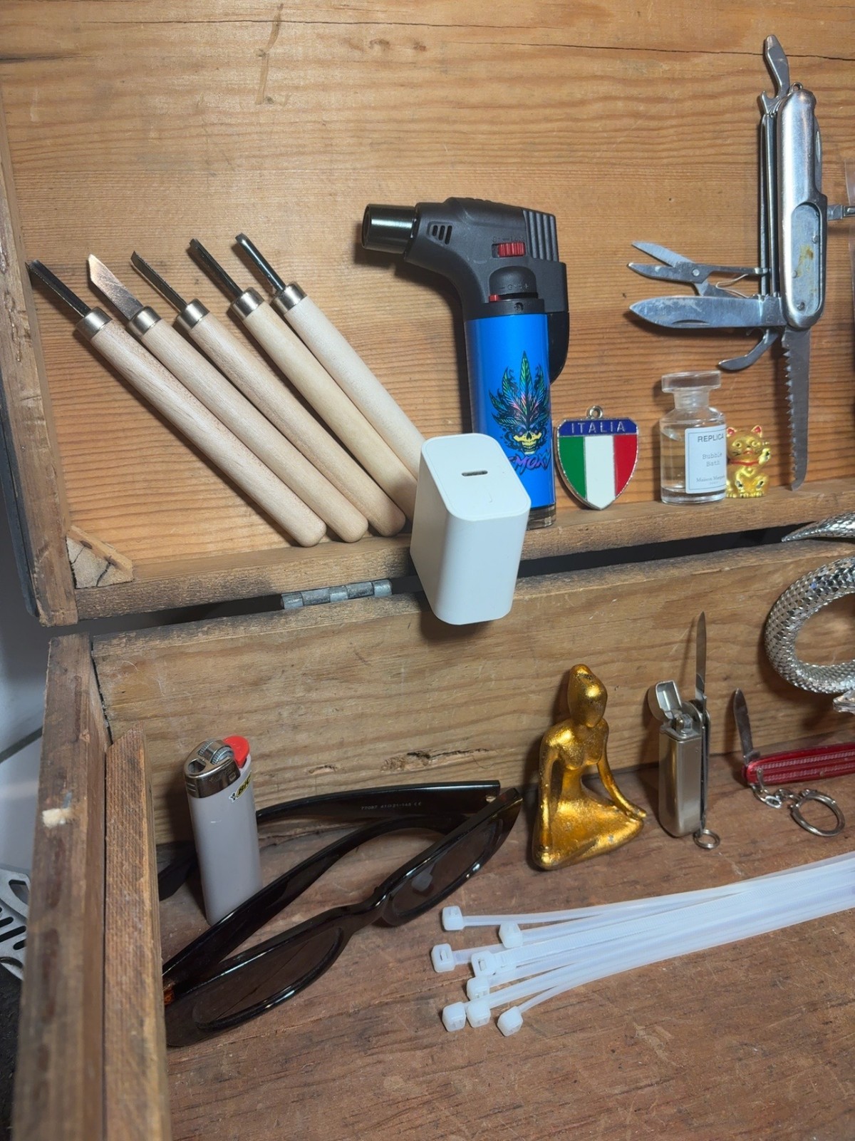 Vintage Junk Drawer Mixed Lot Lighters Knives Tools Watch Sunglasses etc. L096