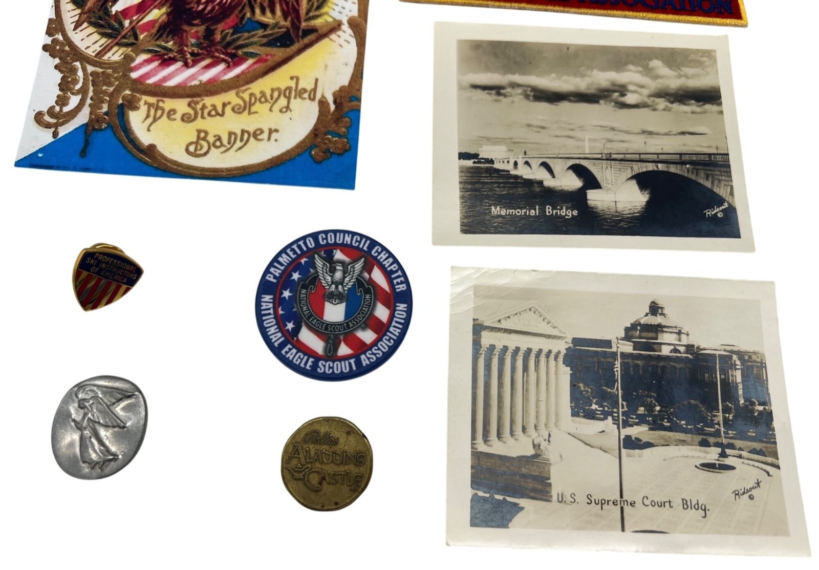 Vintage Junk Drawer Ephemera Lot Cabinet Card Postcard Disney BSA Pins Tokens