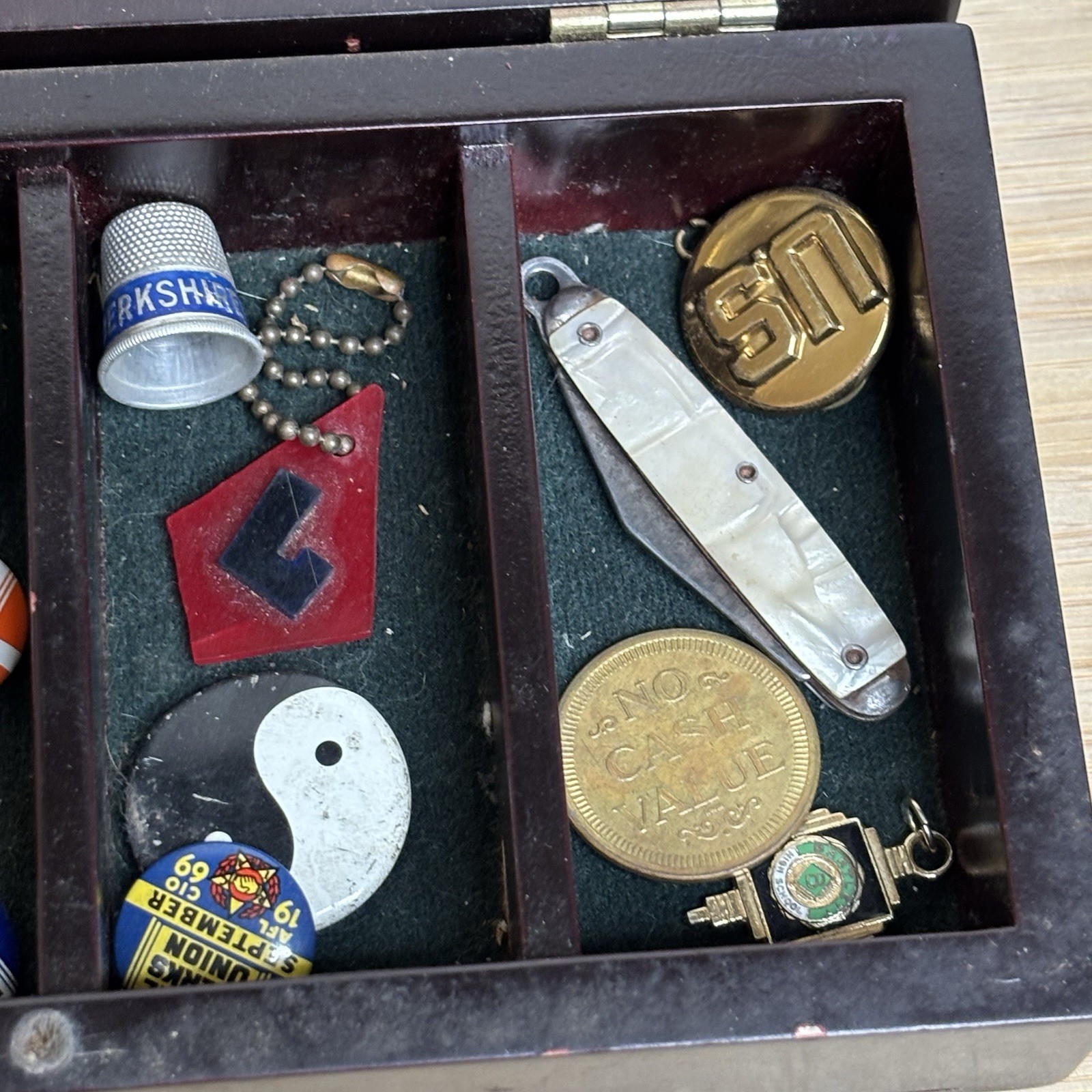 Vintage Junk Drawer Lot – Retail Clerks Union Pins Religious Key Dice Thimble