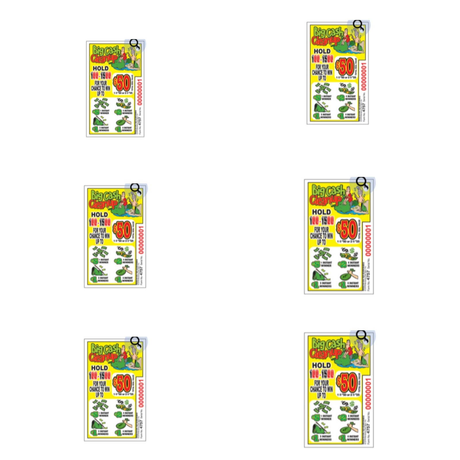 Pull Tab Tickets – Hard Card – Game – 6 Pack – Big Cash Cleanup – 104 ct ea