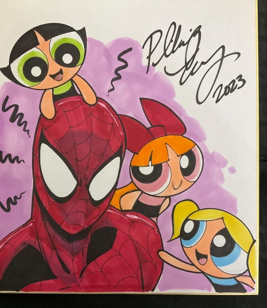 Powerpuff Girls vs Spider-Man Signed Art Original Comic Book Page 27x24cm