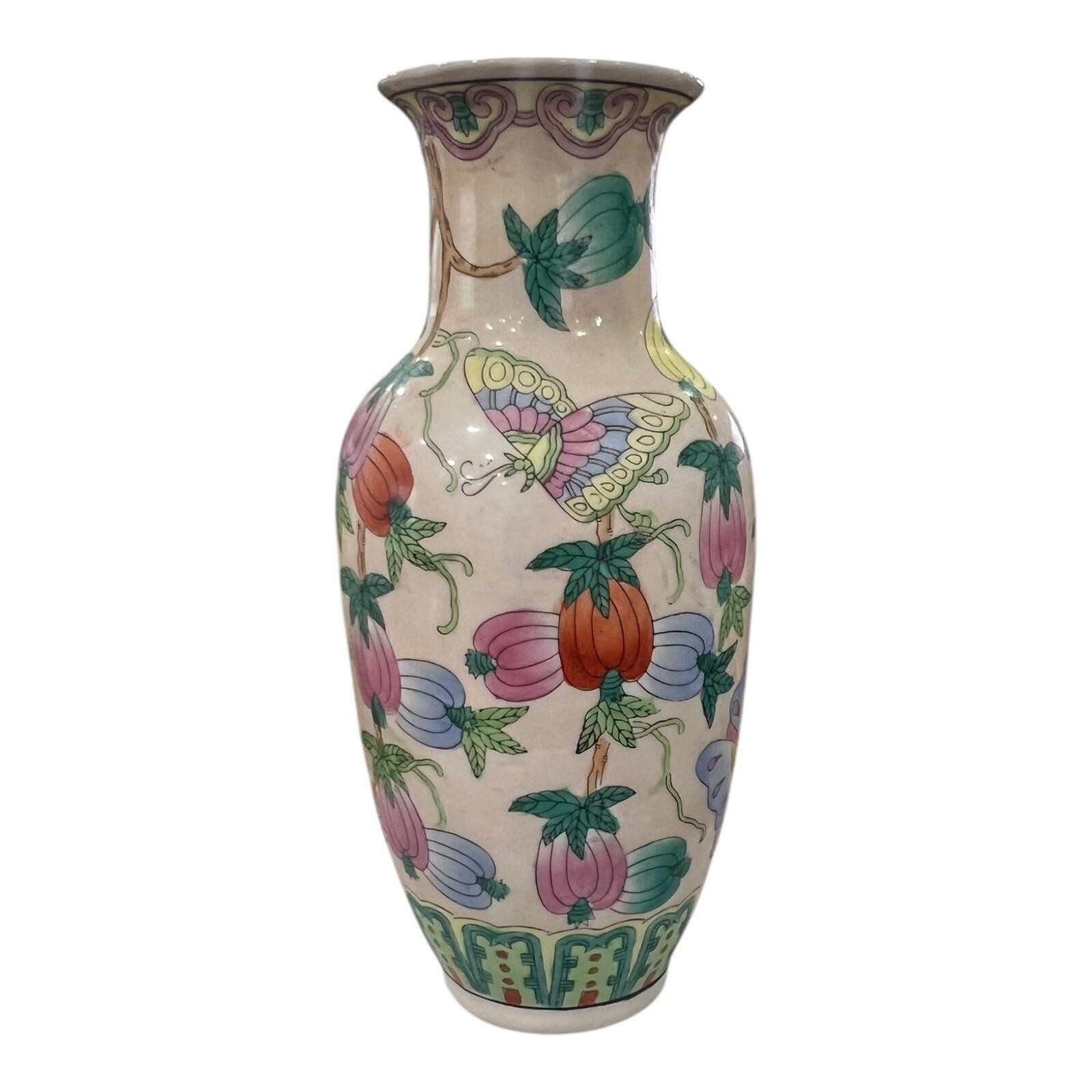 Vintage Chinoiserie Ceramic Butterfly Vase Handmade 14×6 Blue White Decor