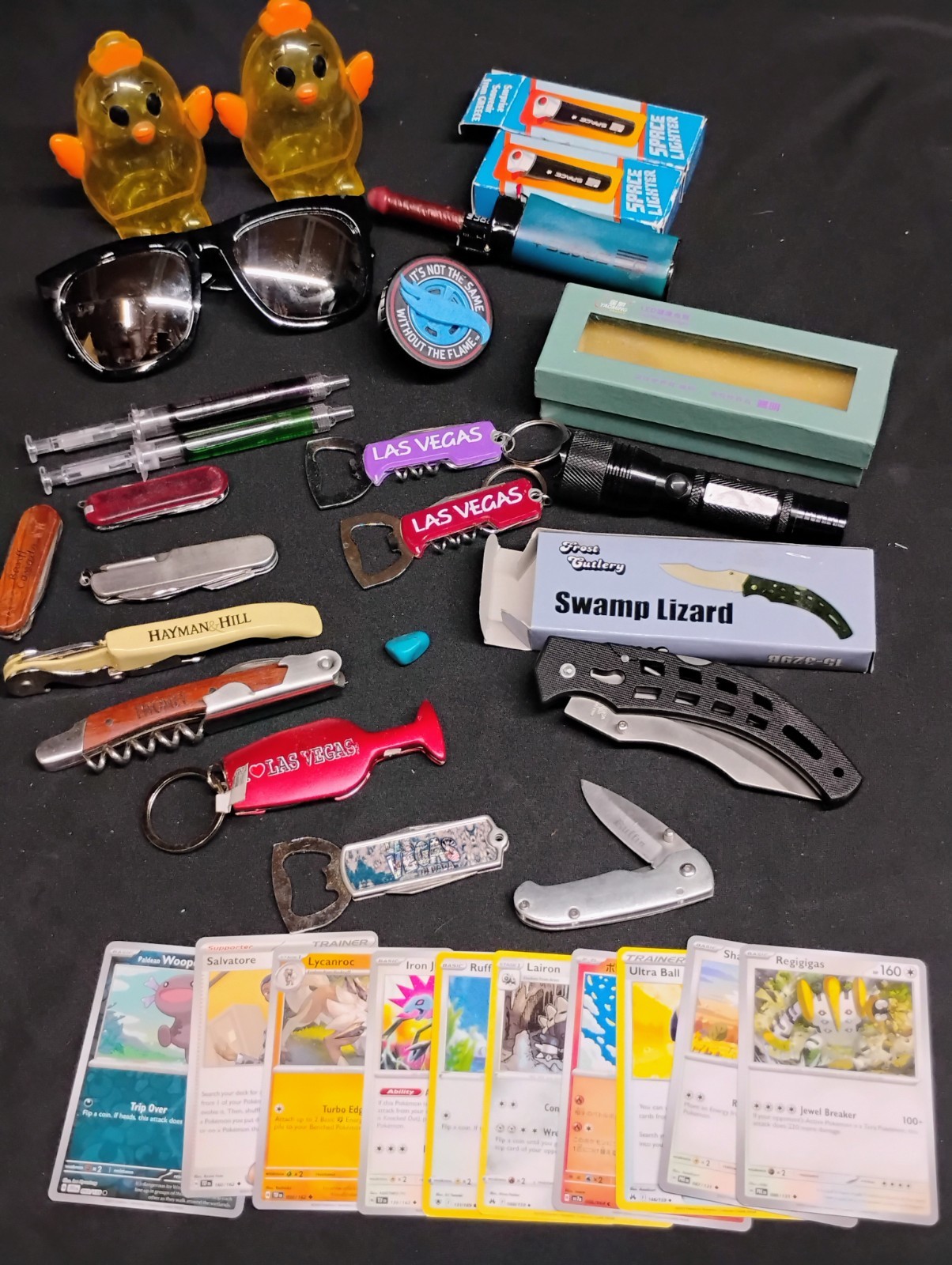 Collectible Junk Drawer Lot Pokémon Hot Wheels Las Vegas Led Knife Space Lighter