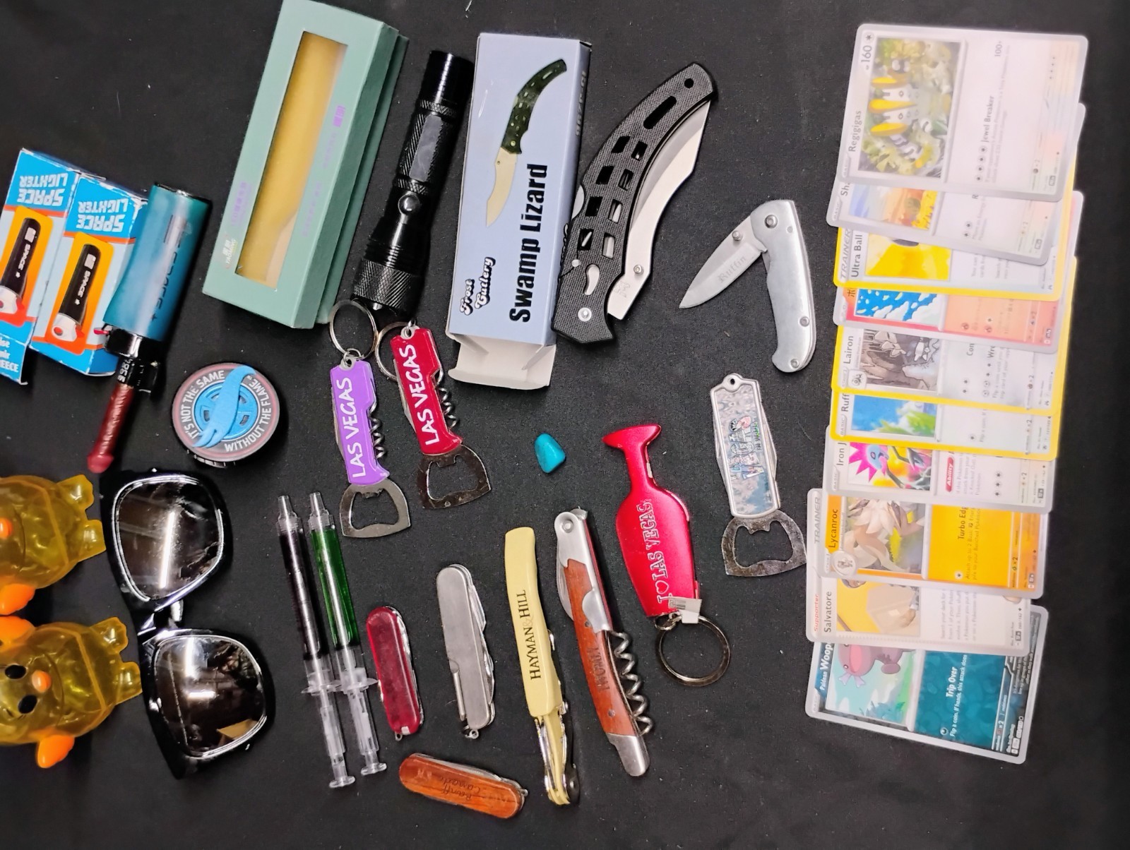 Collectible Junk Drawer Lot Pokémon Hot Wheels Las Vegas Led Knife Space Lighter