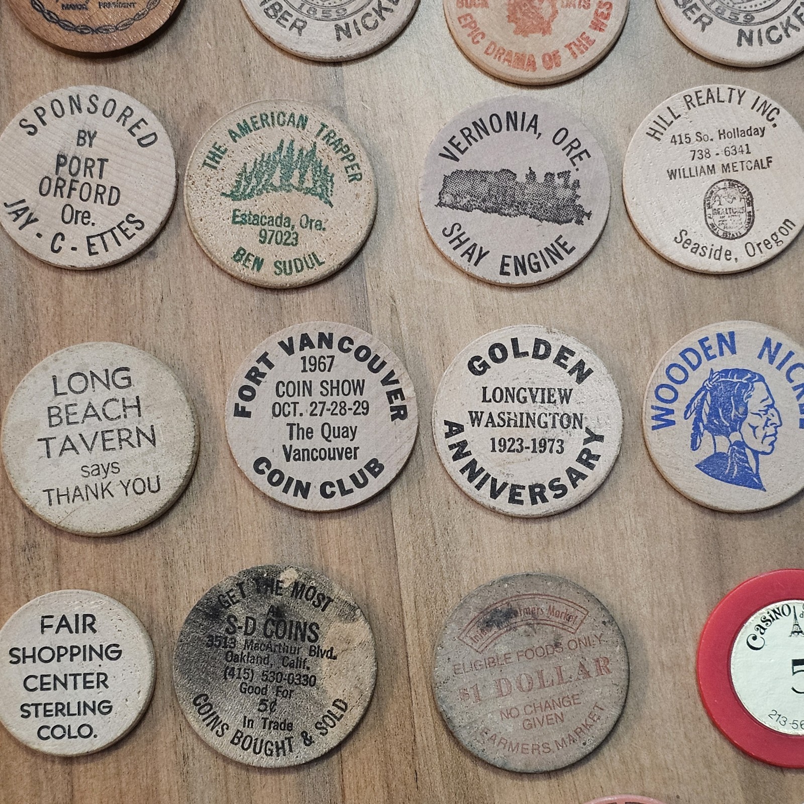 Junk Drawer Lot- Wooden Nickels, Casino Chips, Milk Cap -Washington, Oregon, Ect
