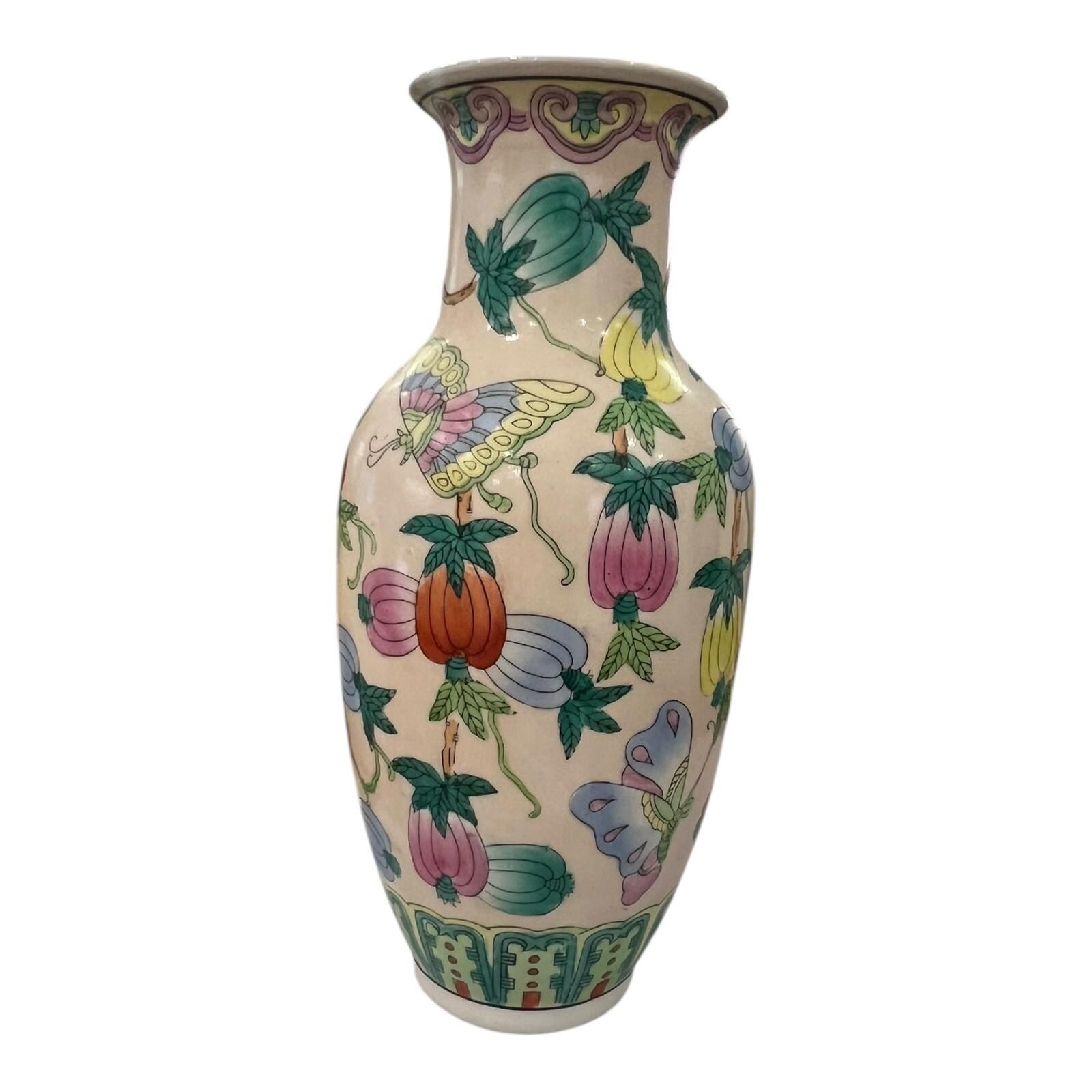 Vintage Chinoiserie Ceramic Butterfly Vase Handmade 14×6 Blue White Decor