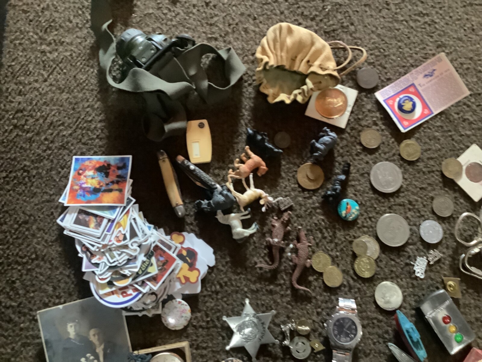 Vintage 0s junk drawer dime toys silver coin pins coins zippo knifes jewelry etc