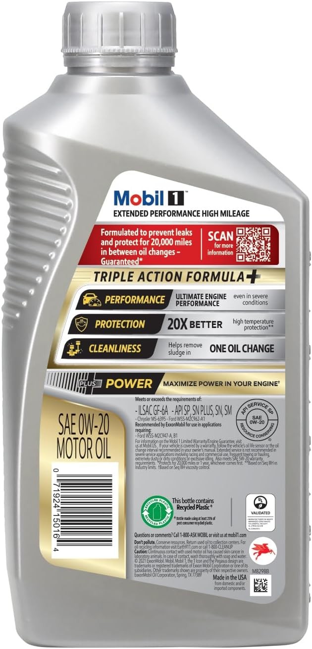 Extended Performance High Mileage Full Synthetic Motor Oil 0W-20, 1 Quart (6-pk)