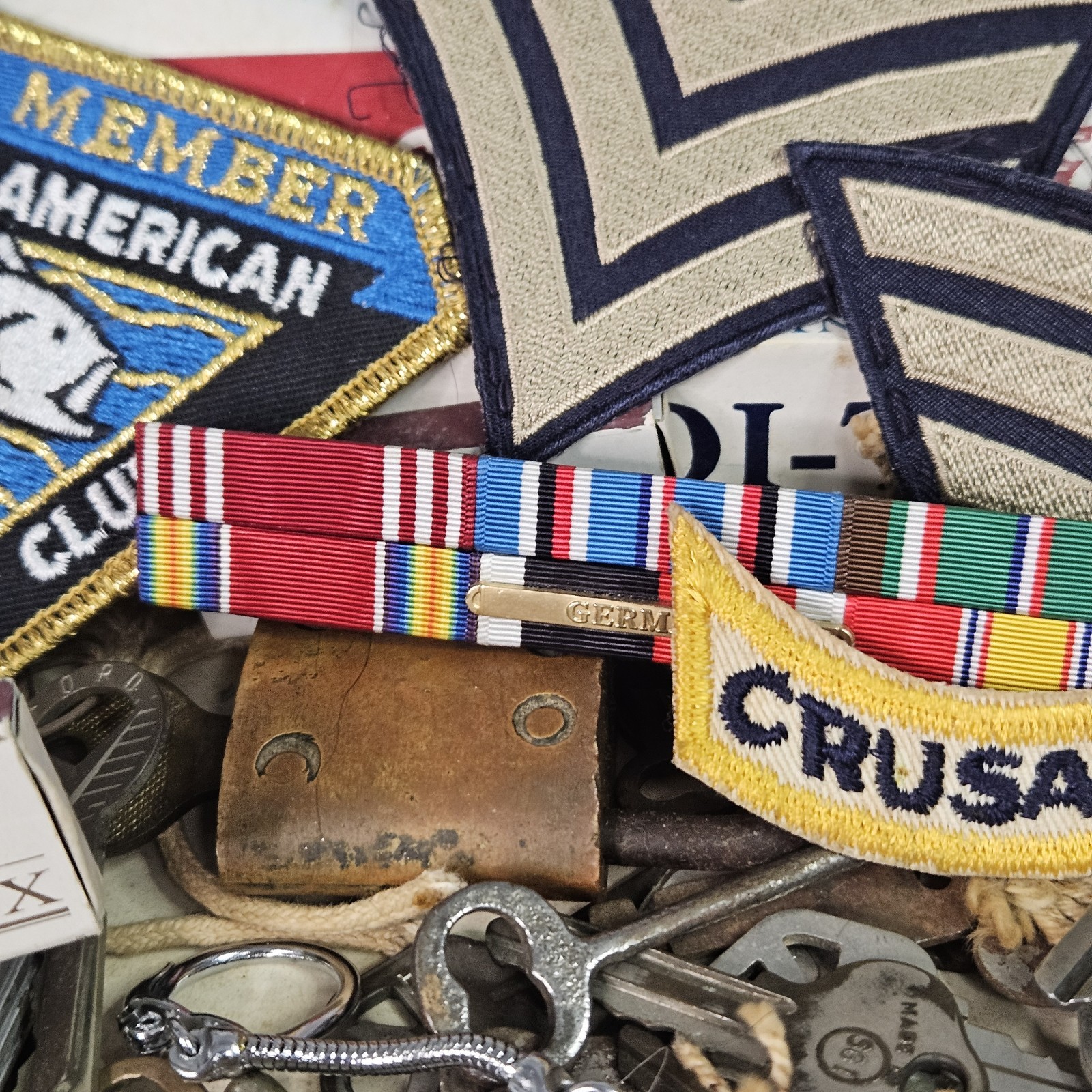 Huge VTG Junk Drawer Lot Skeleton Keys Cigar Box Bakelite Ertl Hammock Cars More