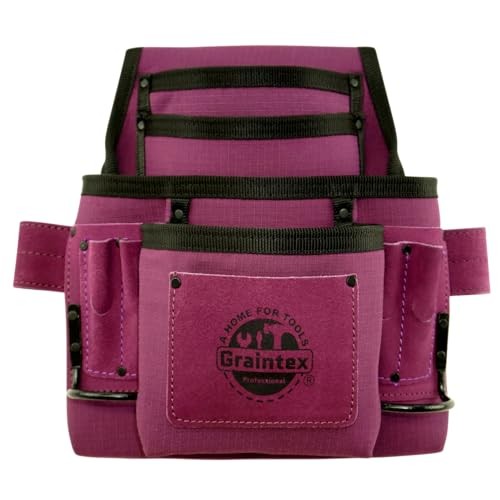 GRAINTEX 10-Pocket Nail & Tool Pouch, Ripstop Canvas, Steel Hammer Holders