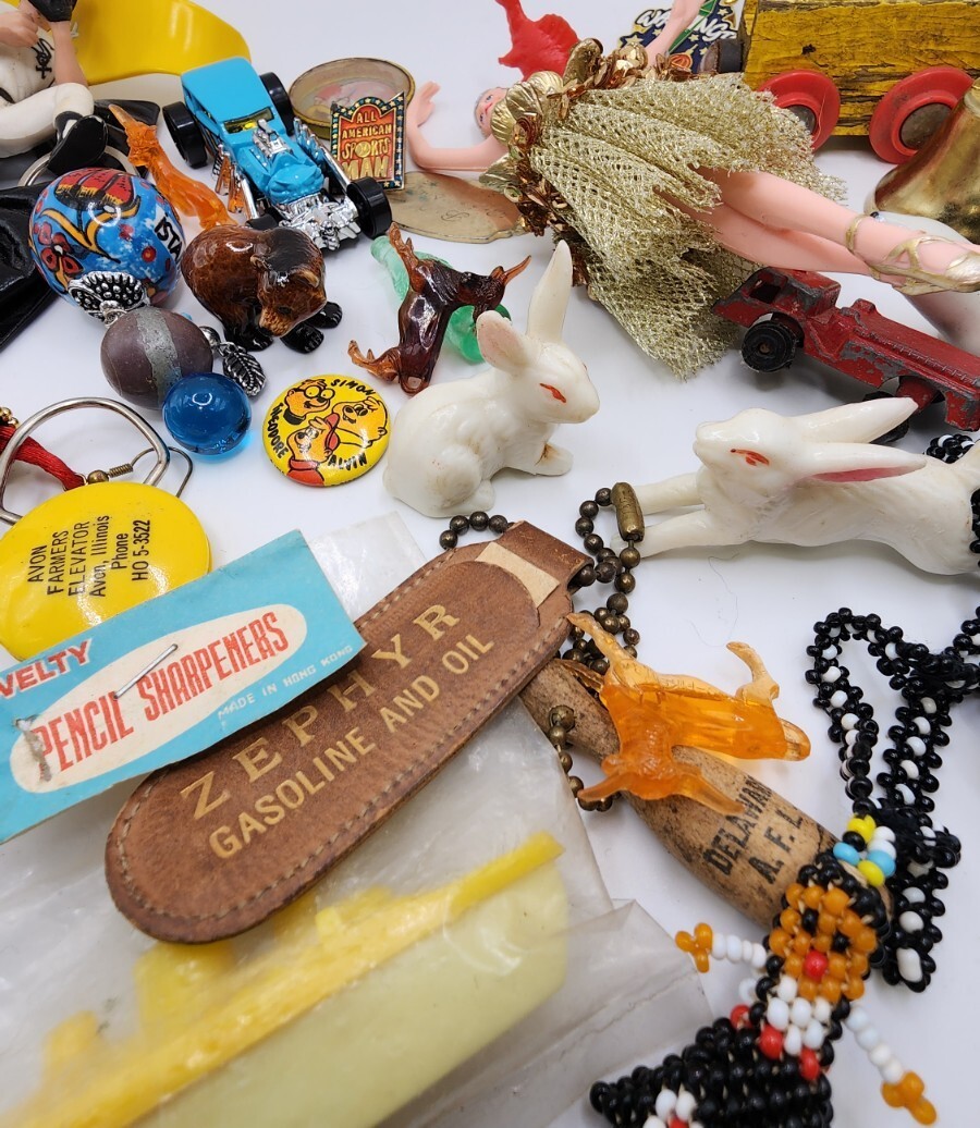 Vintage Antique Junk Drawer Lot Toys Keychain Pin Figurines Mixed Materials