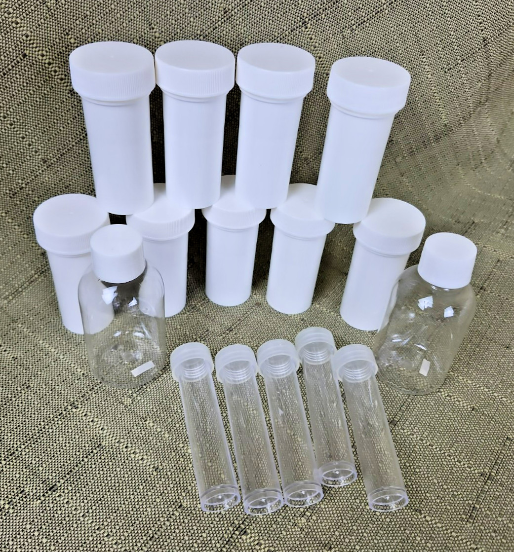 Junk Drawer Lot of New Plastic Tubes Containers with Lids, Various Sizes