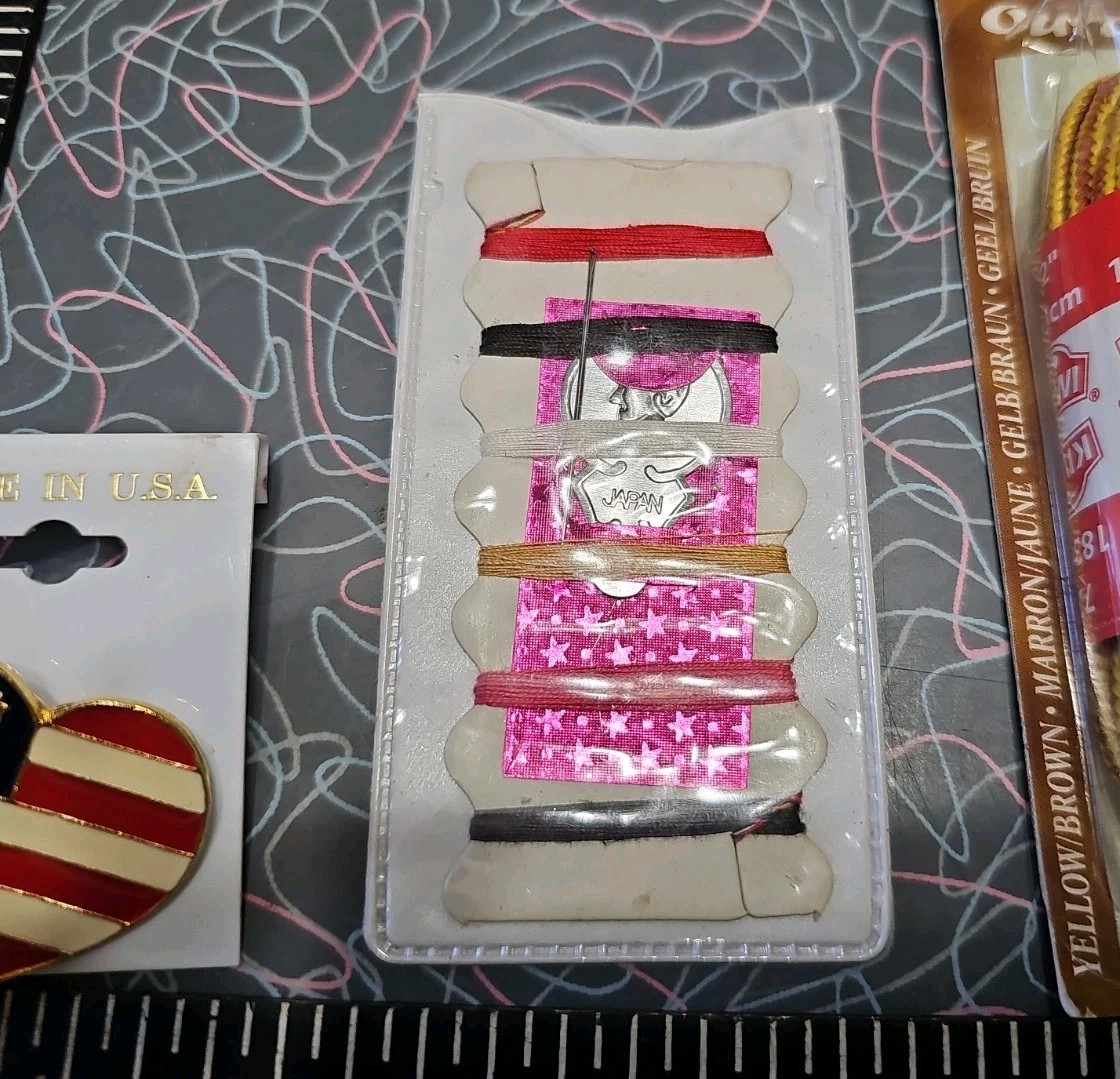VINTAGE Estate JUNK DRAWER LOT USA Made Hat Pin, Merita Sewing Kit, Shoe Laces..