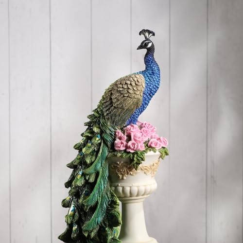 Veronese 13.625″ Peacock on Roman Column Resin Sculpture, Home Decor Collectible
