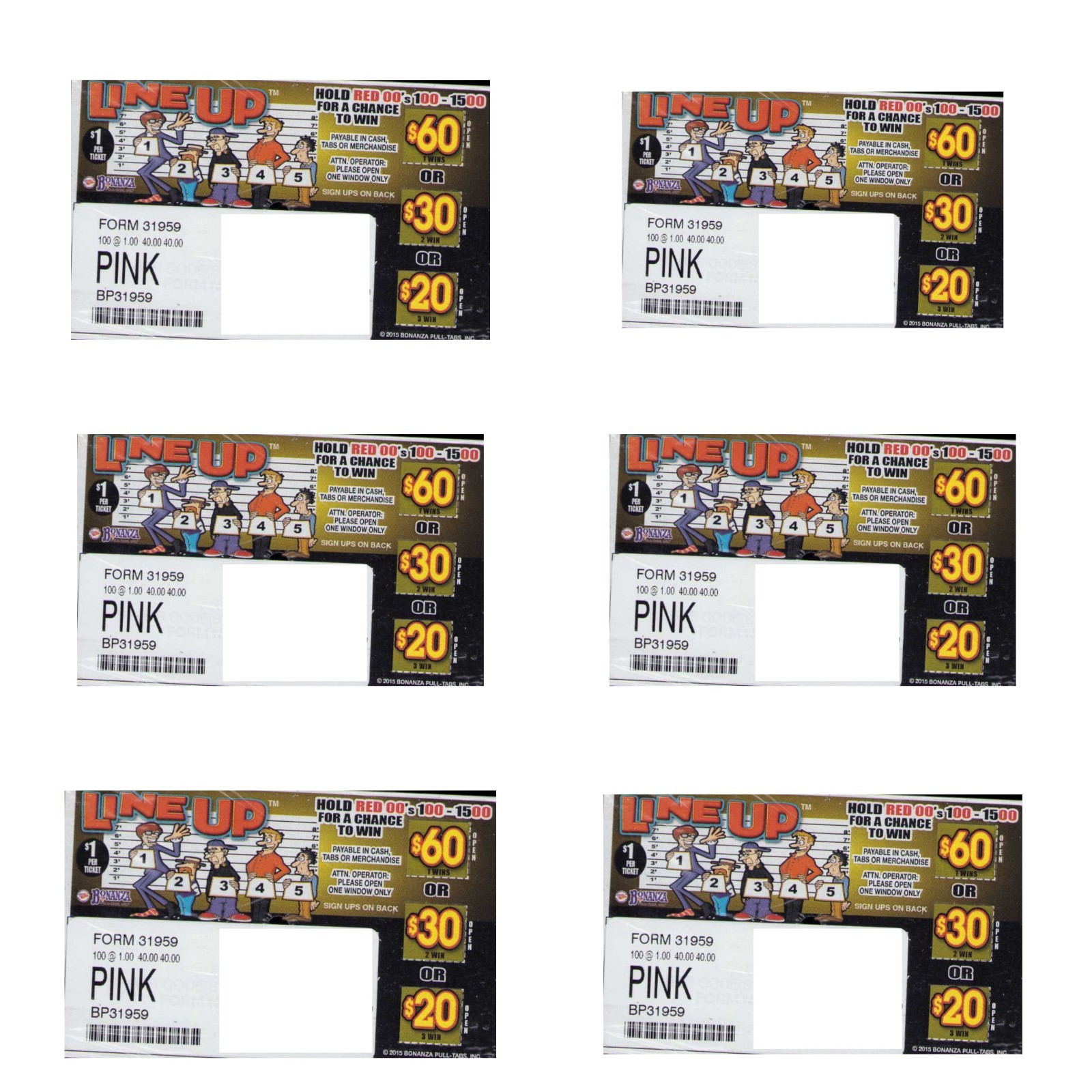 Pull Tab Ticket – Hard Card Tickets – Game – 6 Pack – Line Up – 100 ct ea