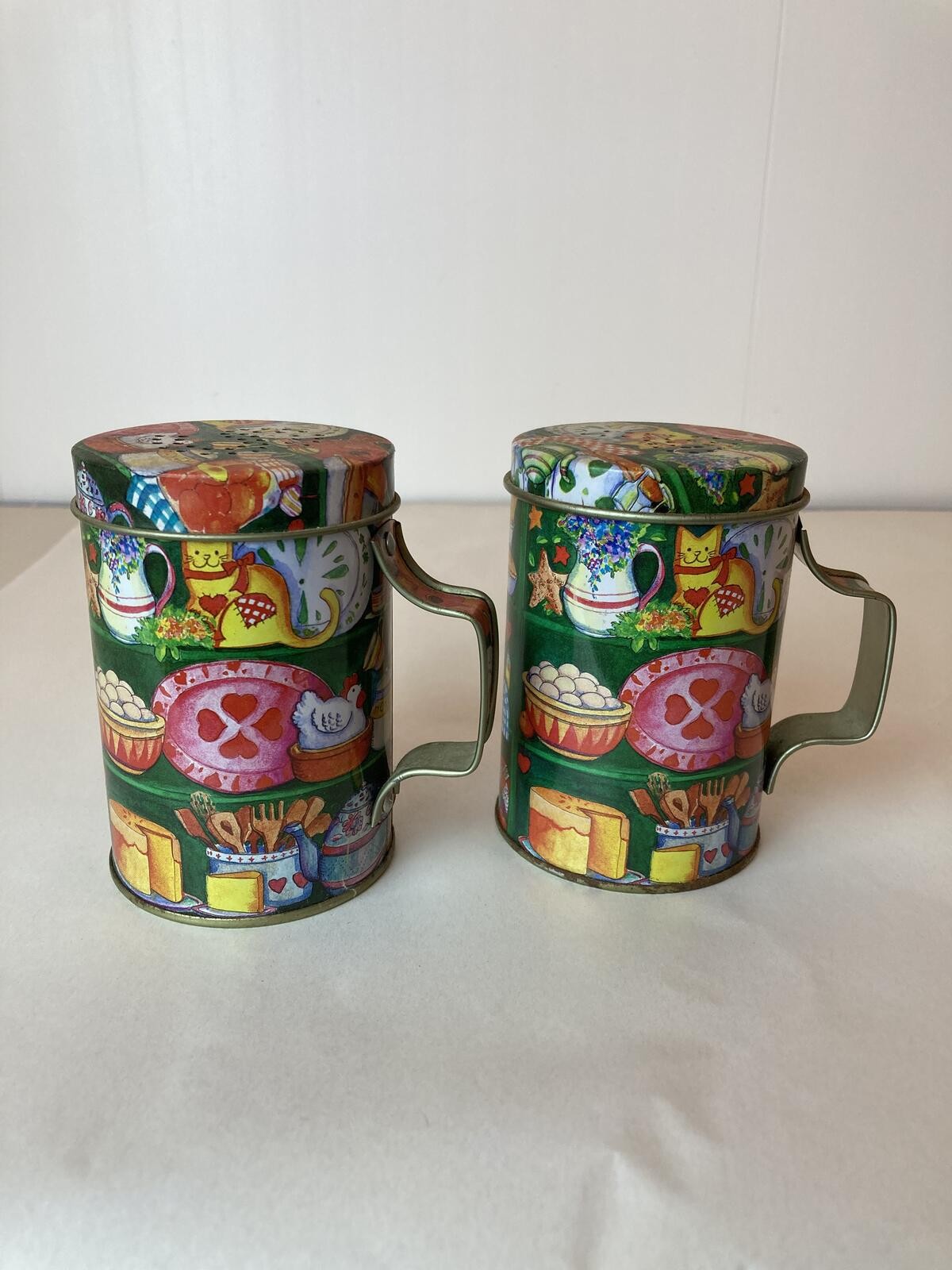 Decorative Tin Cups Mugs Kitchen Motif Made in China Pair
