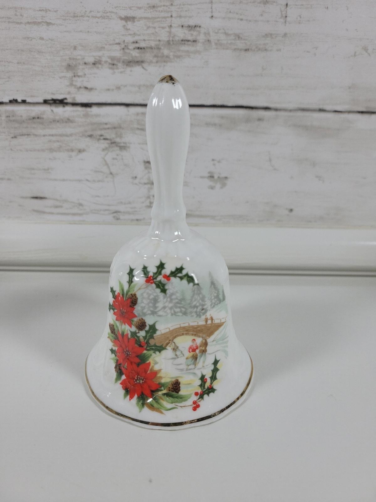 Vintage Enesco Christmas Bell Bone China Winter Skating Romance Scene