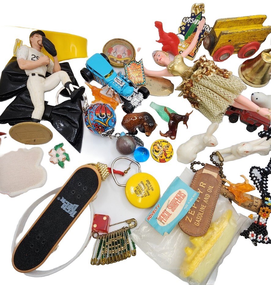 Vintage Antique Junk Drawer Lot Toys Keychain Pin Figurines Mixed Materials
