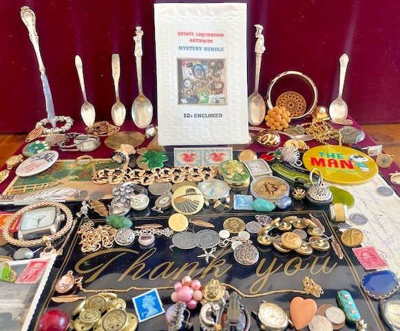 Estate Finds-Mixed smalls: Jewelry, Coins, Stamps, Watch, 10+vintage – lot A87T9