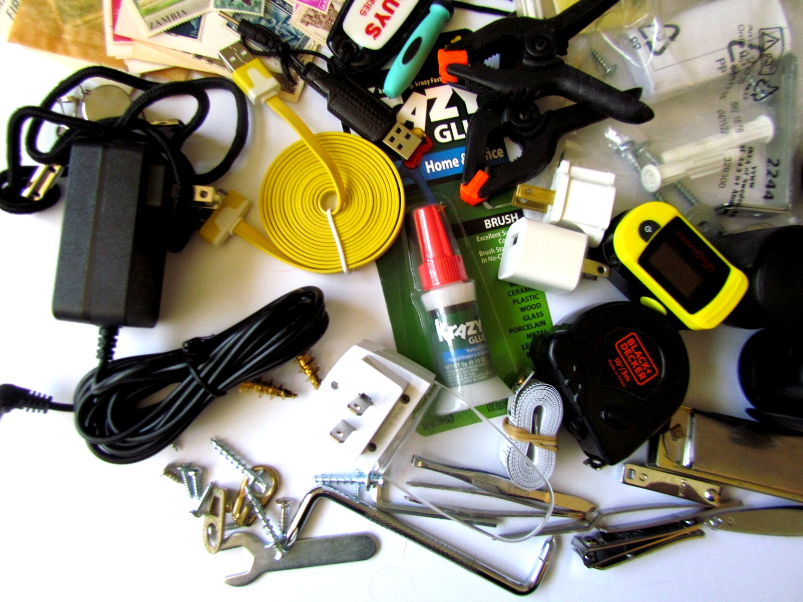 JUNK DRAWER LOT – 4+ lbs. – Coins, Stamps, Guitar Strap, jewelry. harmonica,etc.