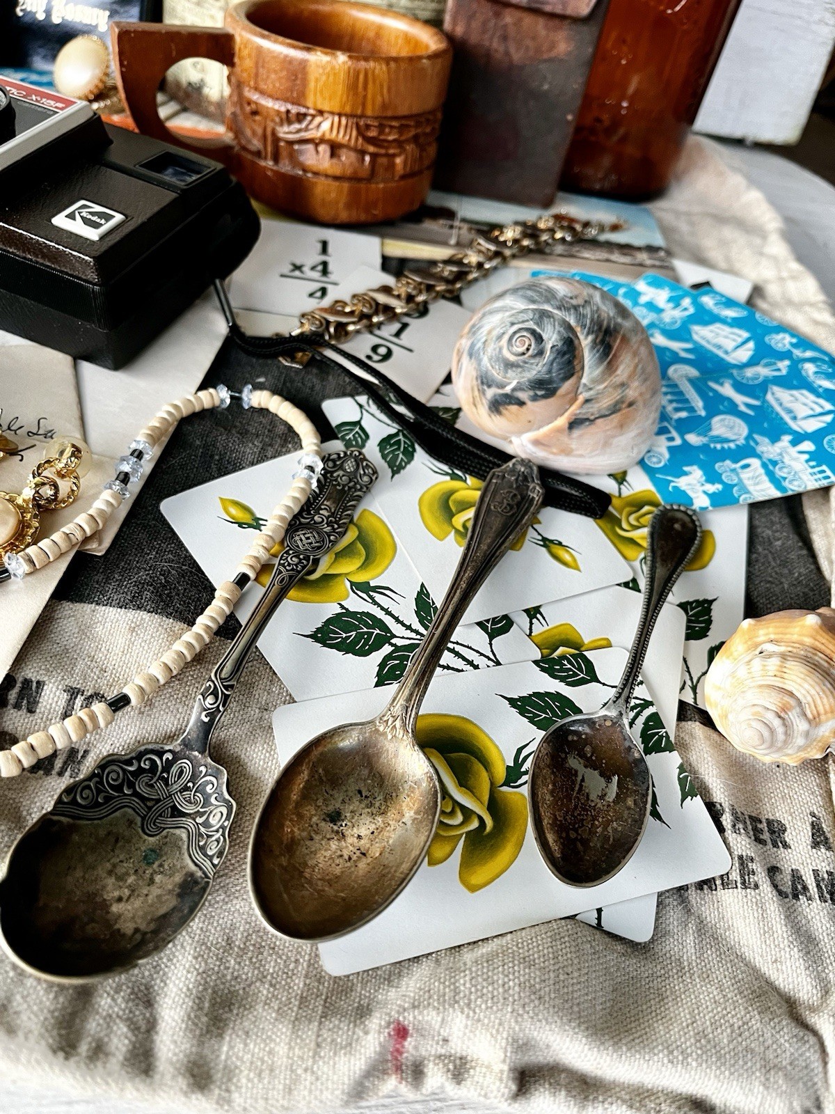 Vintage Junk Drawer Lot Postcards Costume Jewelry Medicine Bottles Silver Spoons