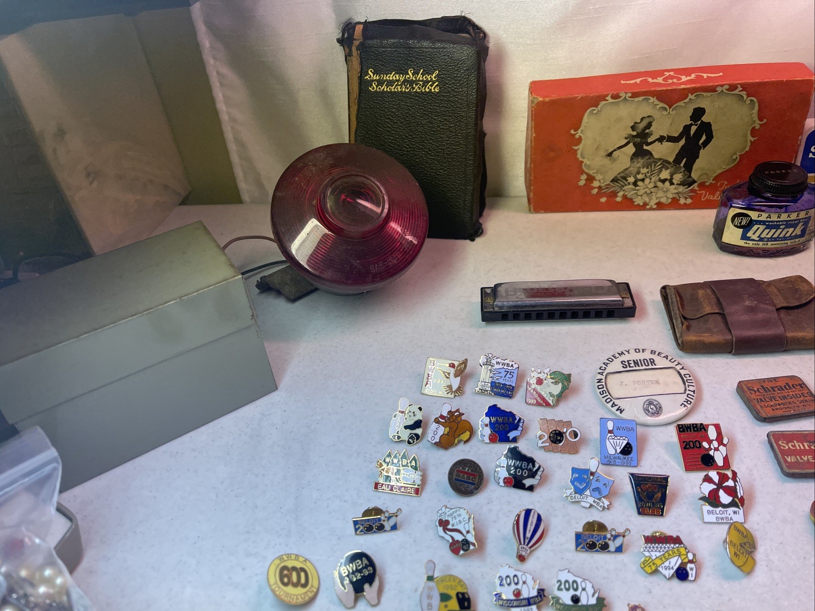 VINTAGE JUNK DRAWER LOT KNIVES, HARMONICA JEWELRY ADVERTISING SCOUTS WHEAT PENNY