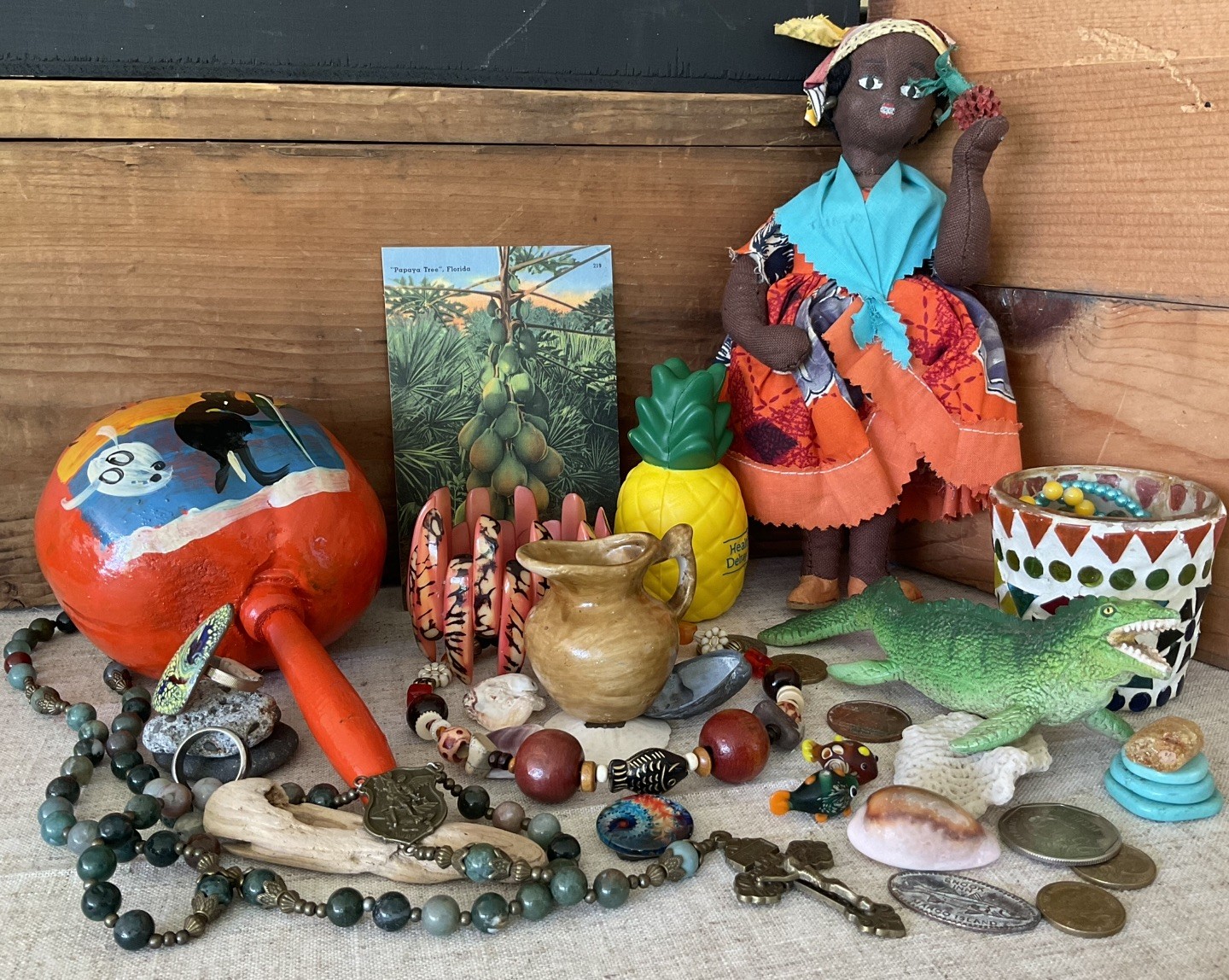 Vintage junk drawer LOT Island Caribbean Souvenirs Jewelry Doll stones coins