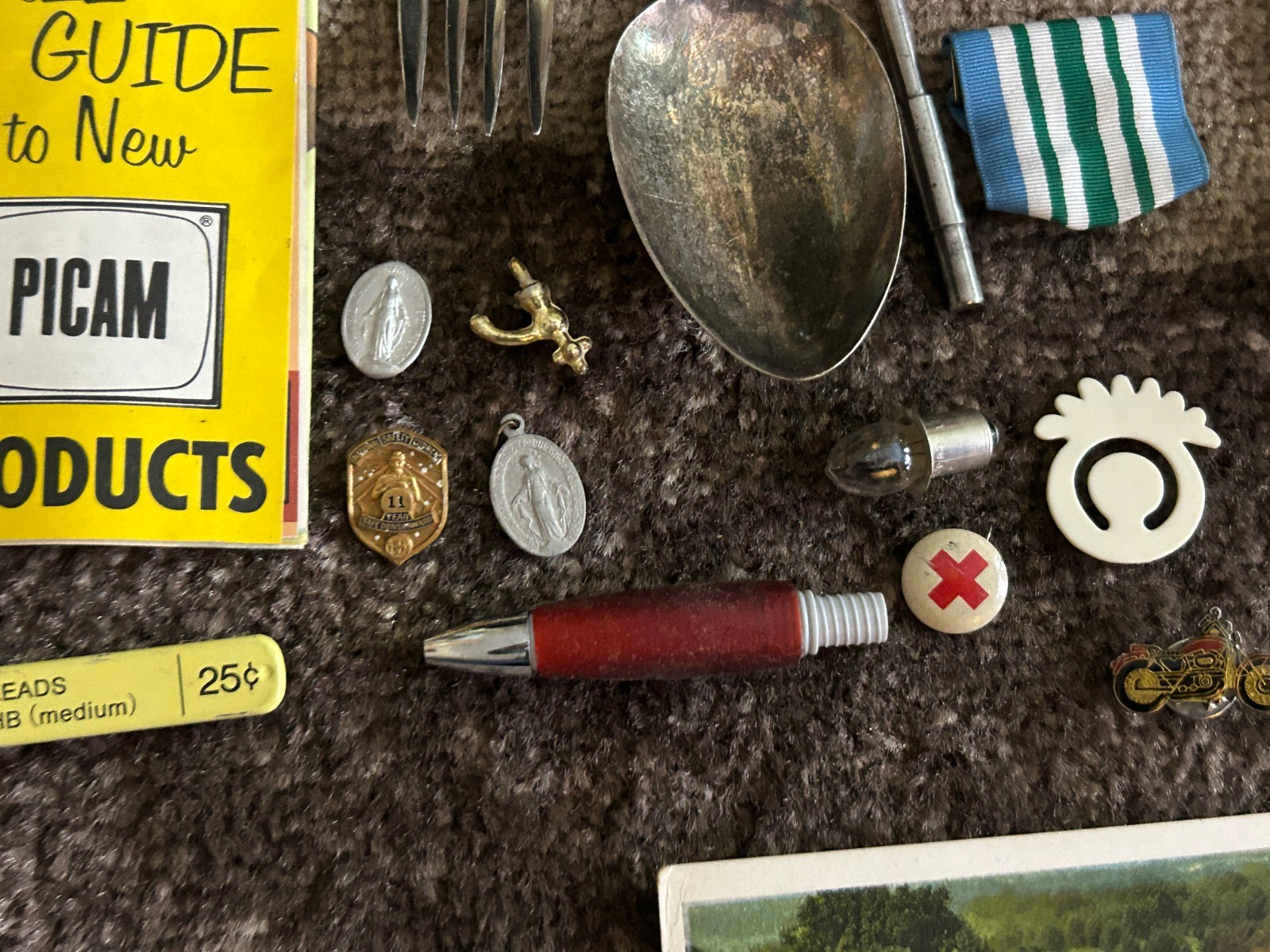 Gramps vintage Junk Drawer Lot Religious JFK Button Owl Humidity Flatware Paper