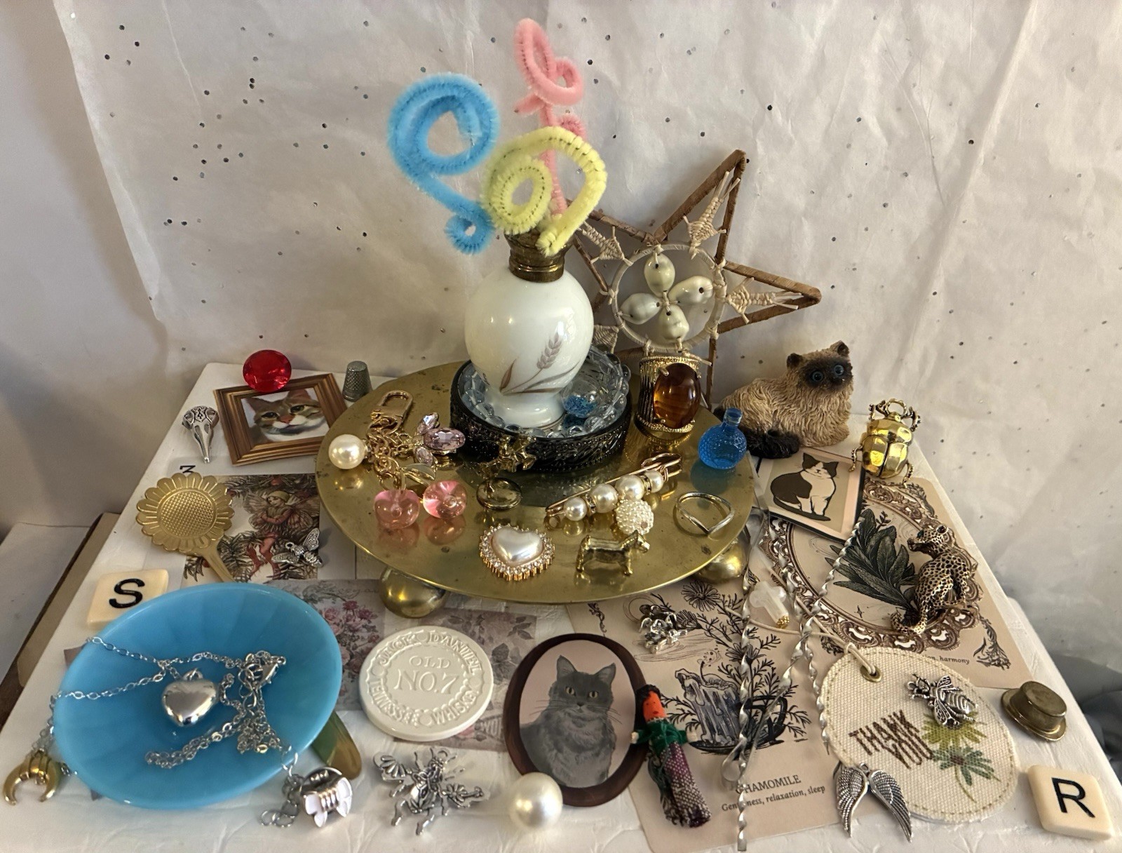 Antique Silver Plate Stand Akro Agate Dish Cat Fig. Jewelry Junk Drawer Art Lot