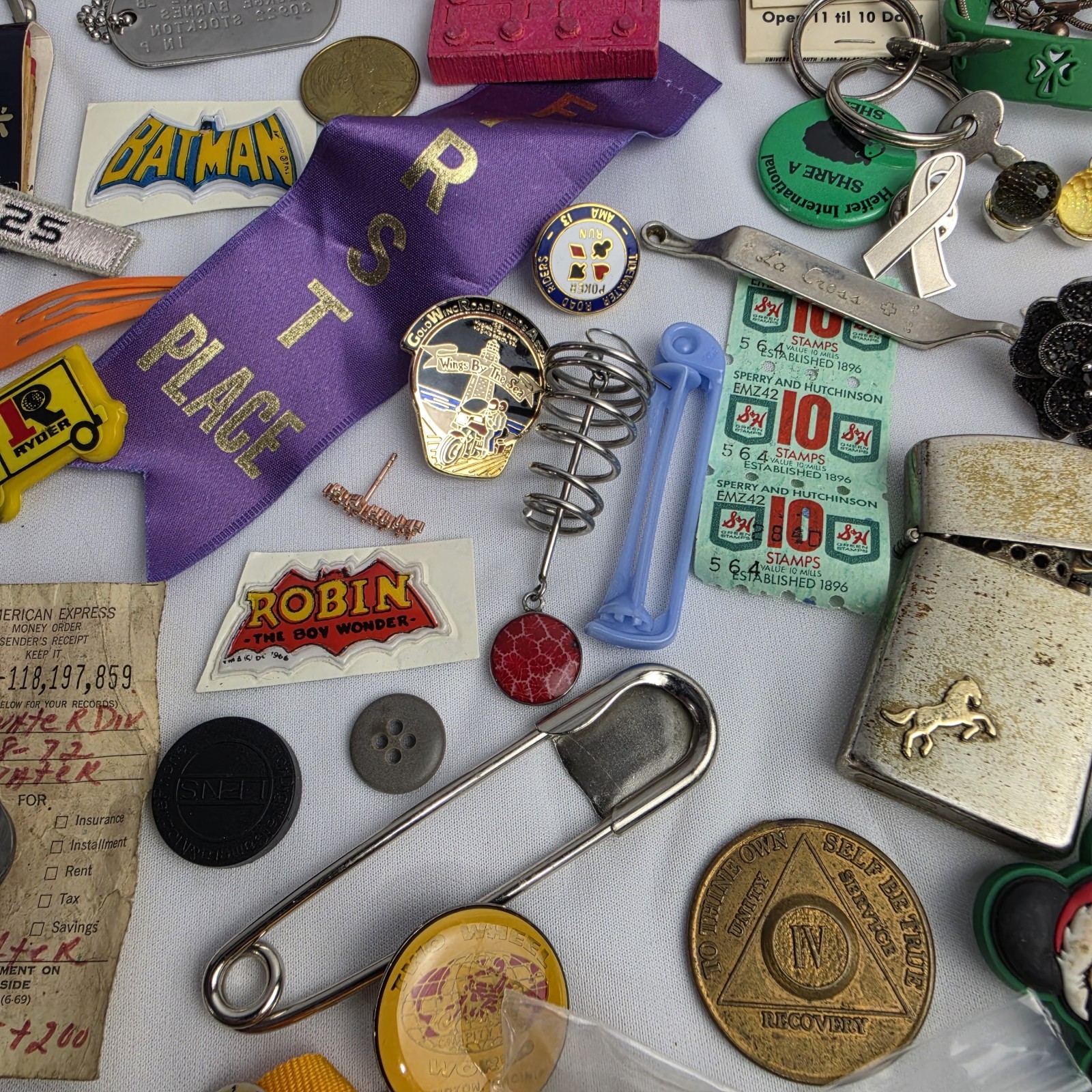 Junk Drawer Lot Toys Pins Stamps Military Coin Trinket Jewelry Patches Vintage