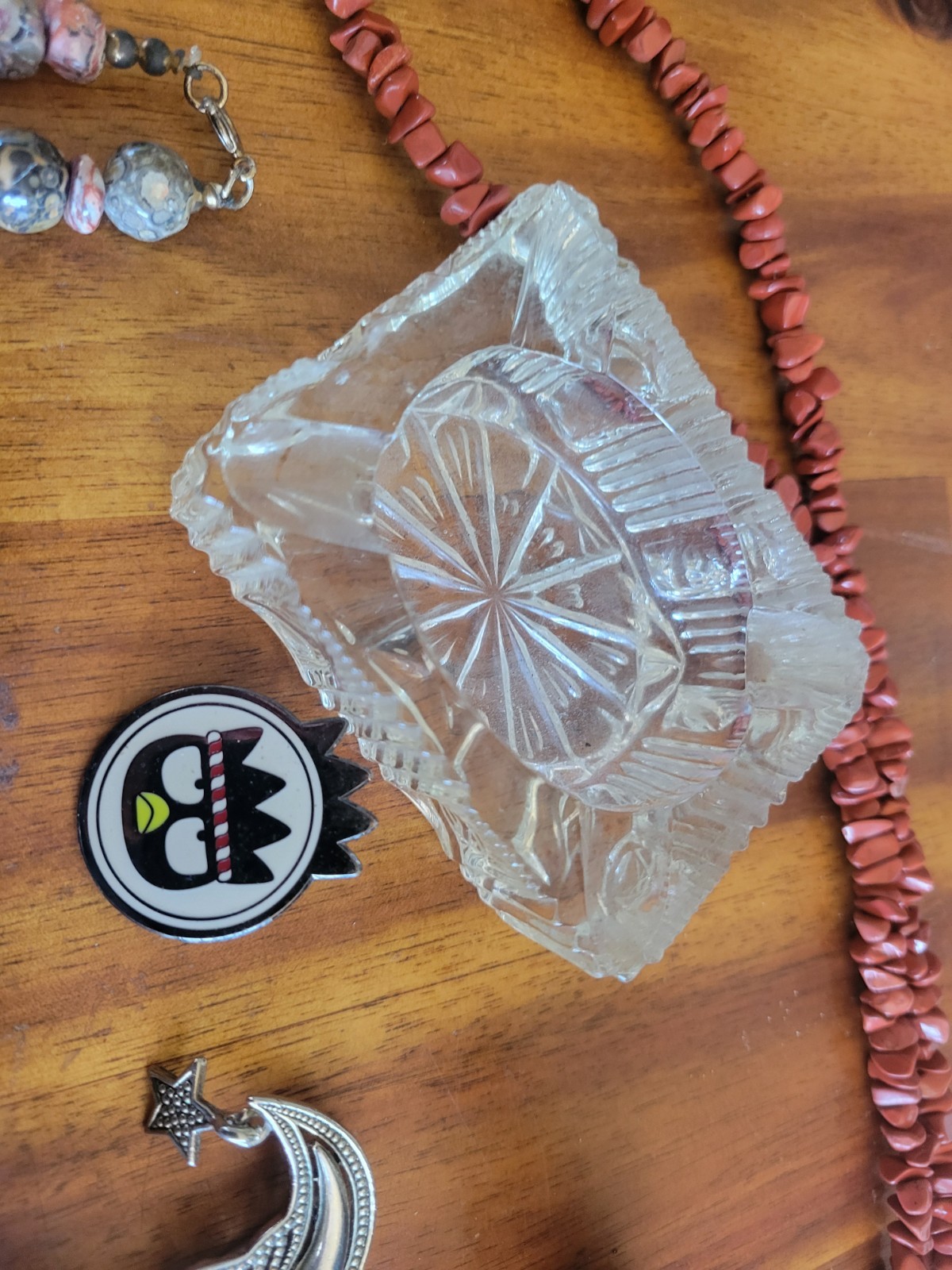 Junk Drawer Lot, Vintage to Modern Pins, Pipe, Leaded Crystal Ash Tray, Stones
