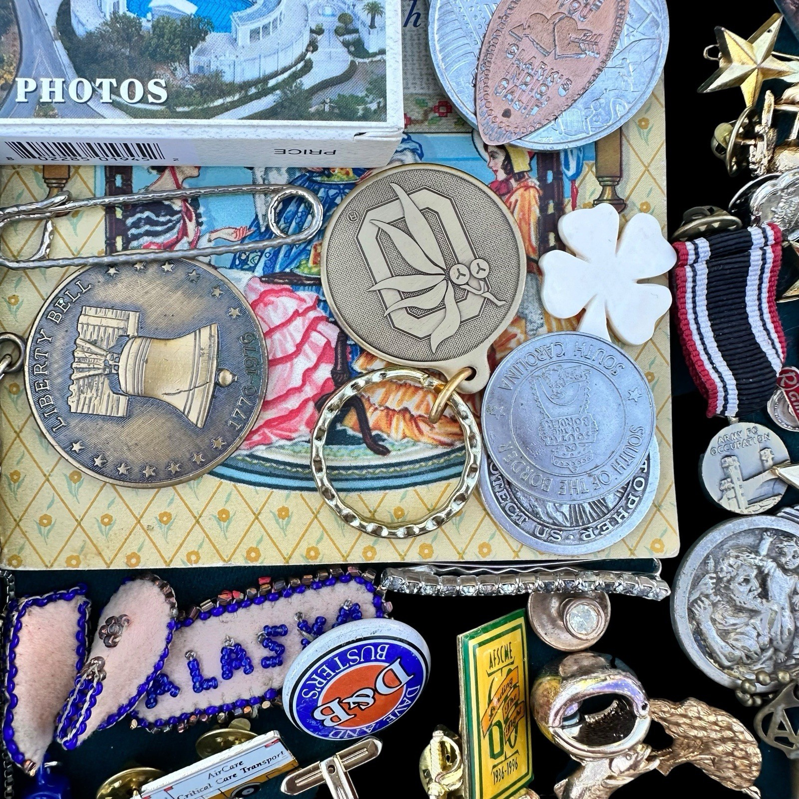 Vintage Junk Drawer Lot Lapel Pins Money Clip Keychain Trinkets Collectible 2 Lb