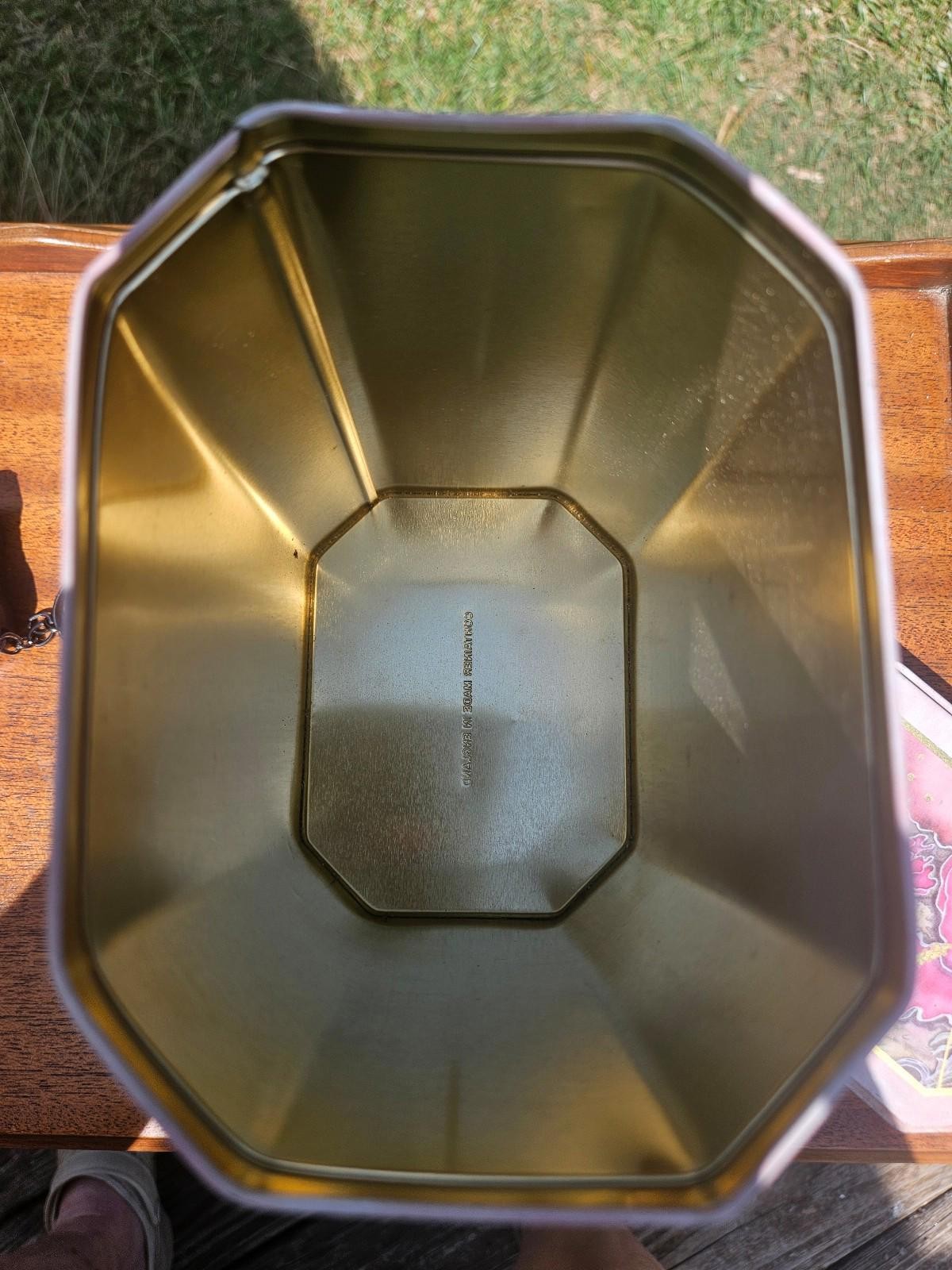 Exquisite Vintage English Hexagon Tin – Rare Pink Iris & Gold Accent Decor