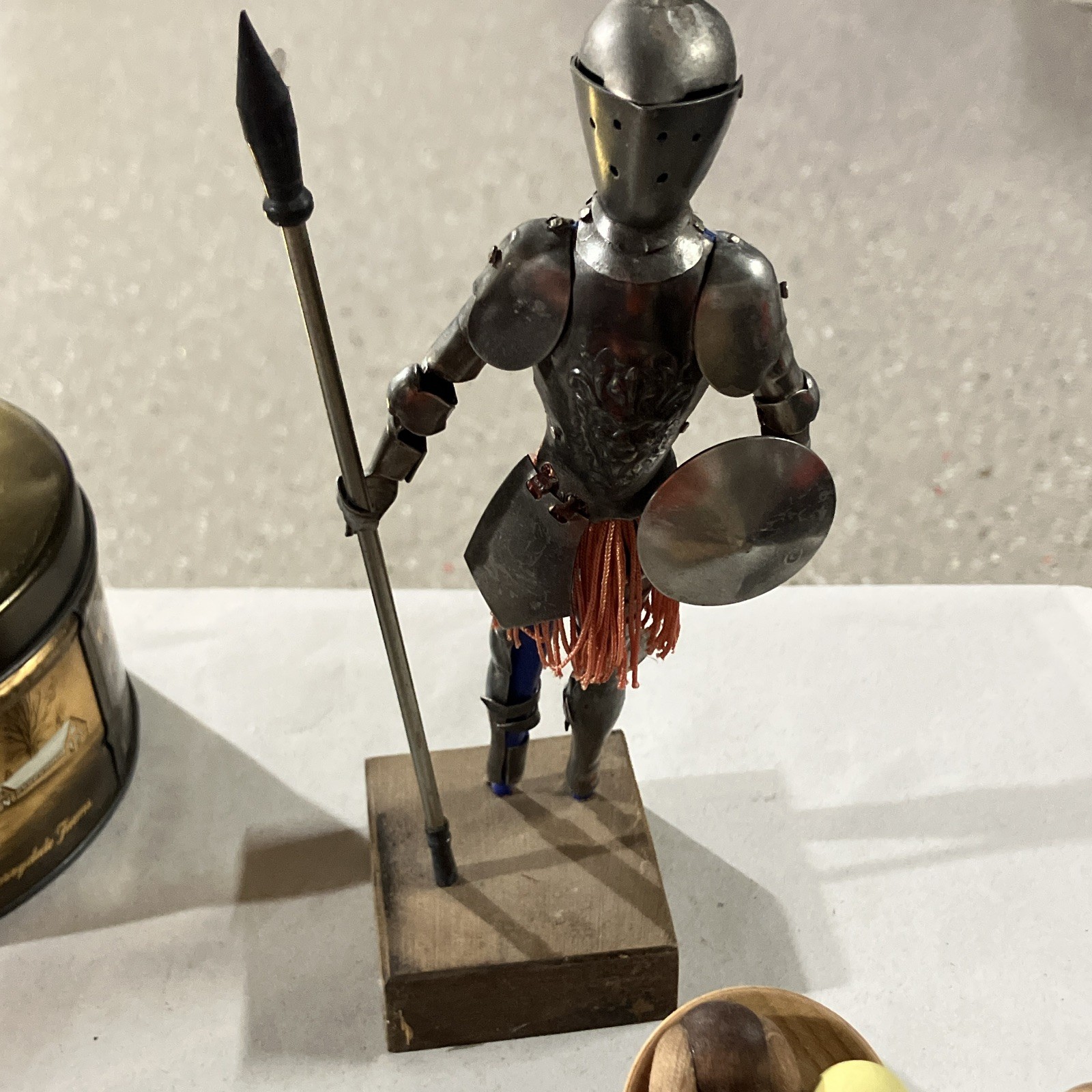 Vintage Collectibles Lot Tin, Knight Figure, Wood Smoker, Toy Truck/Car, Pins