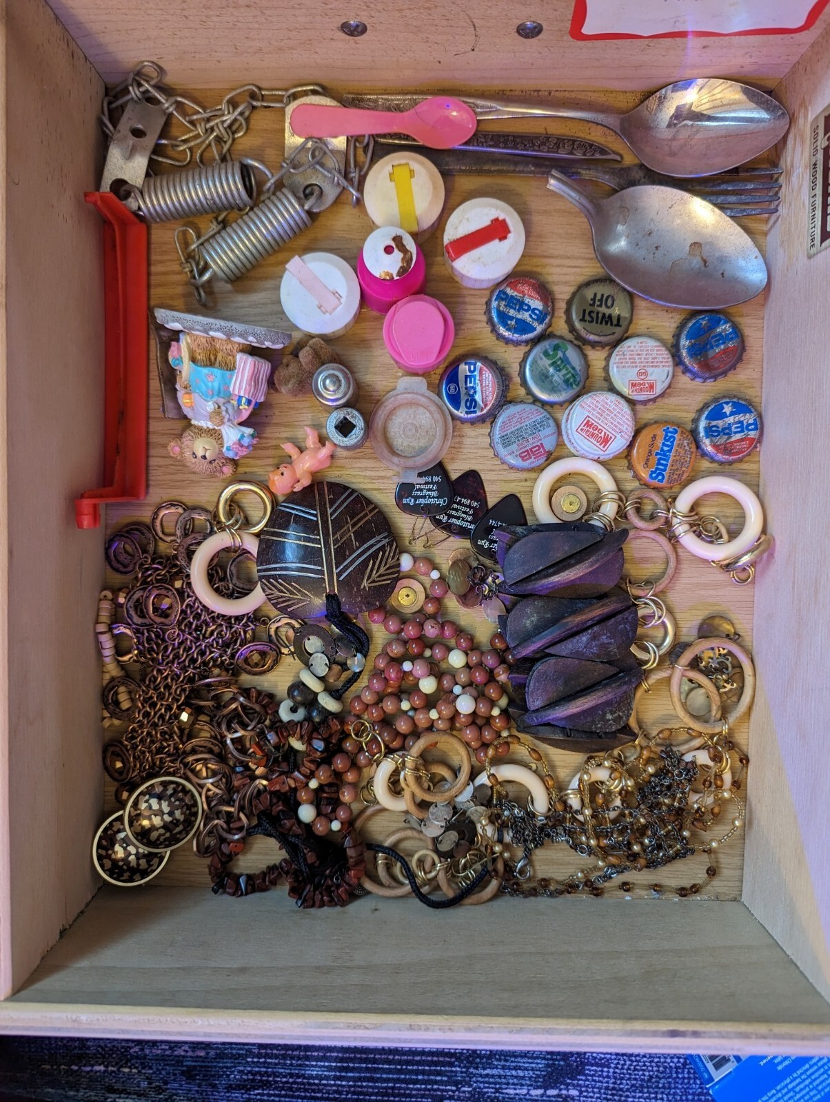 Junk drawer lot Vintage SODA LIDS unidentified BROWN BEIGE TAN JEWELRY mini toys