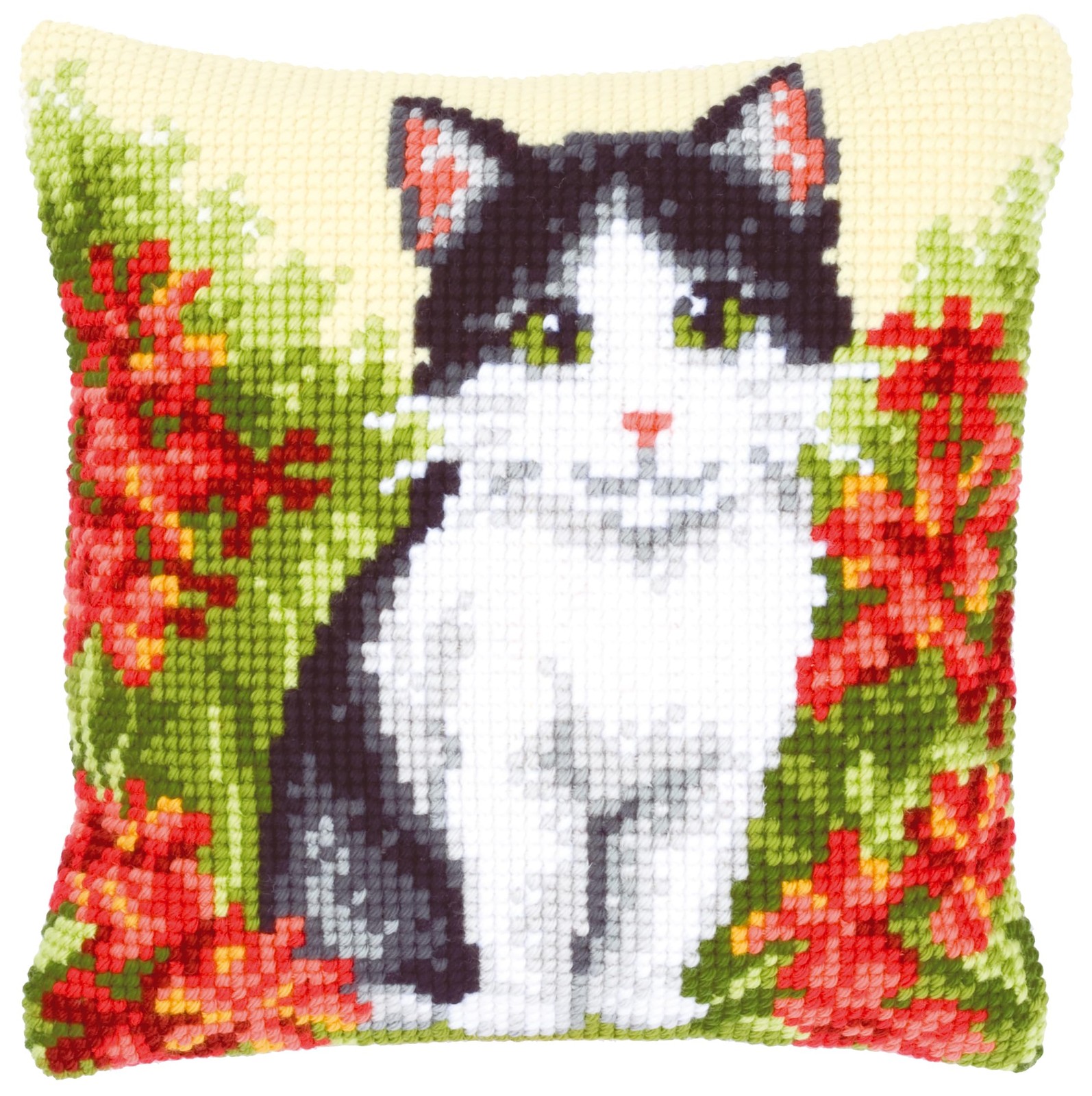 Vervaco Cats & Flowers Cross Stitch Pillow Front Kit 15.75×15.75in