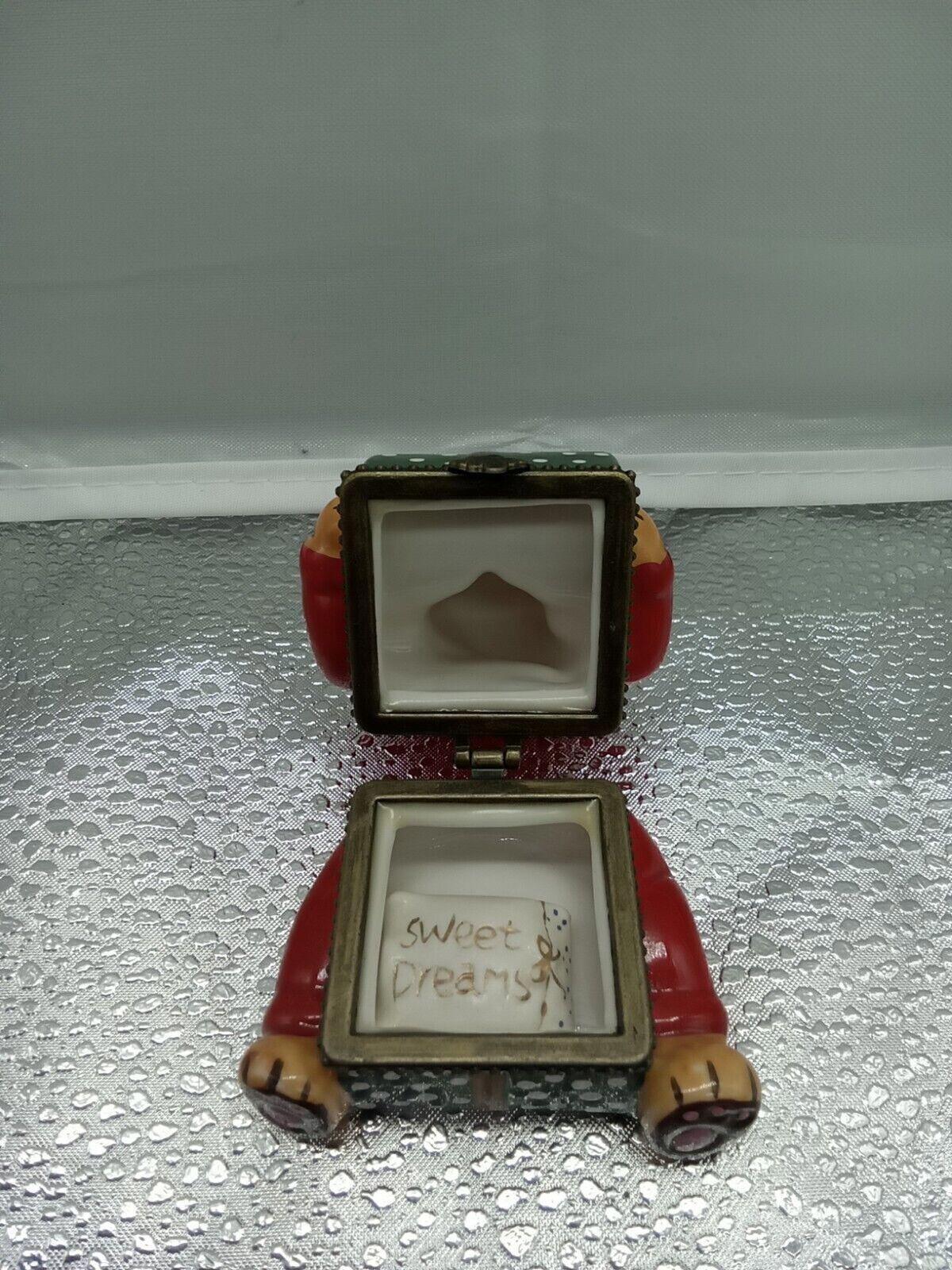 Vintage Trinket Jewelry Dish W/ Tip Sweet Dreams Bear. Red Pillow Christmas