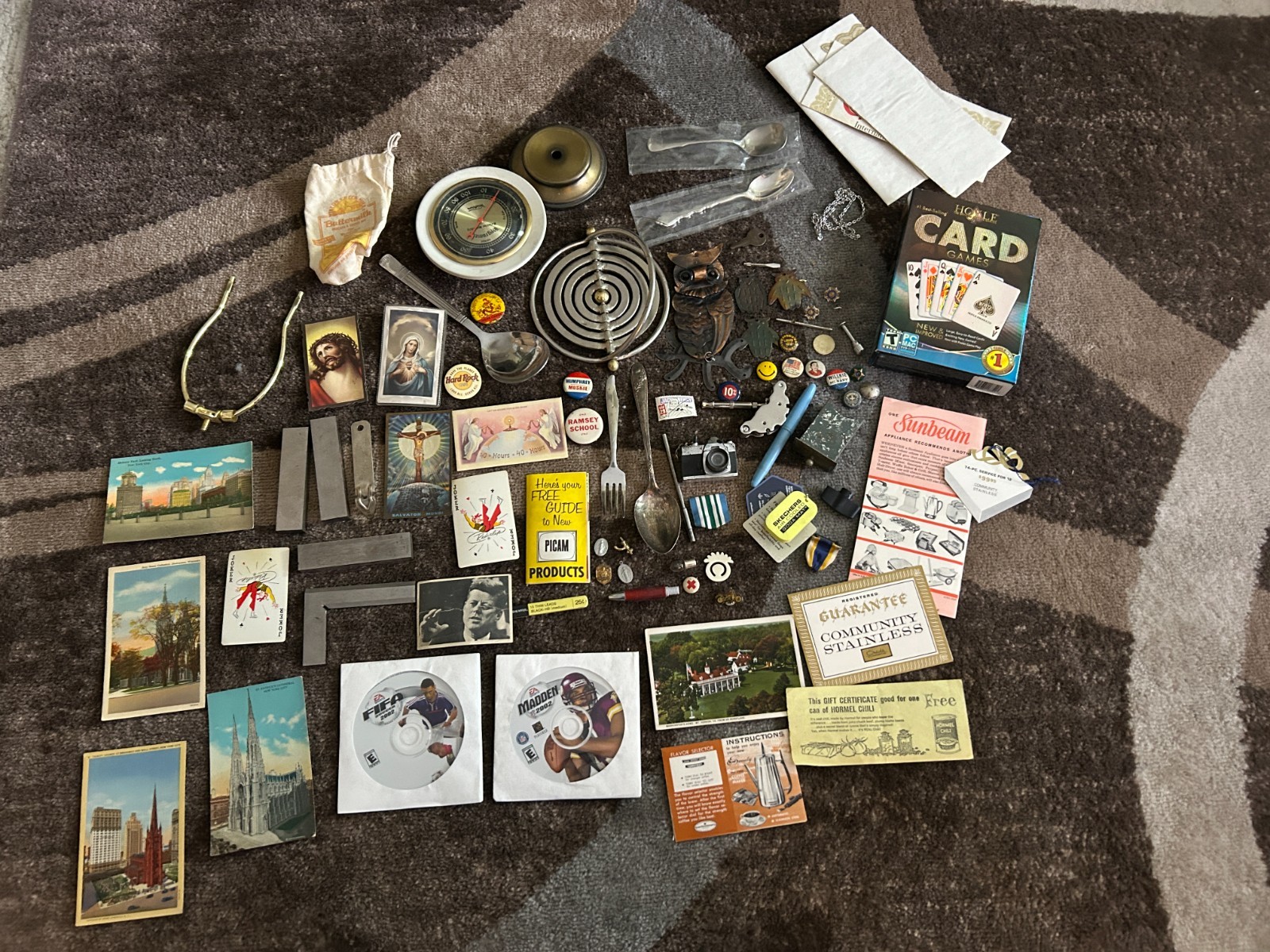 Gramps vintage Junk Drawer Lot Religious JFK Button Owl Humidity Flatware Paper