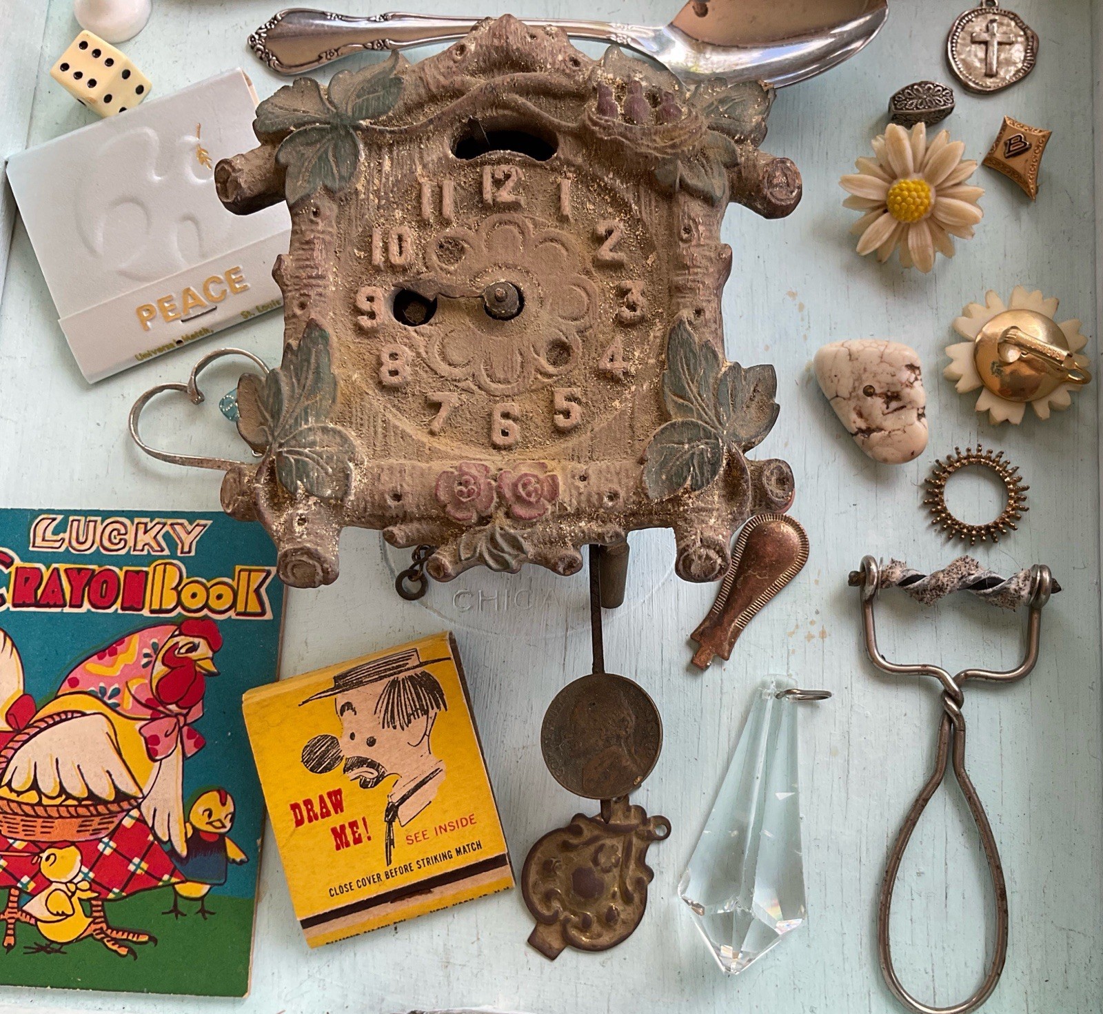 Antique Vintage Junk Drawer Treasure LOT Cast IRON costume jewelry coins 3.5lbs