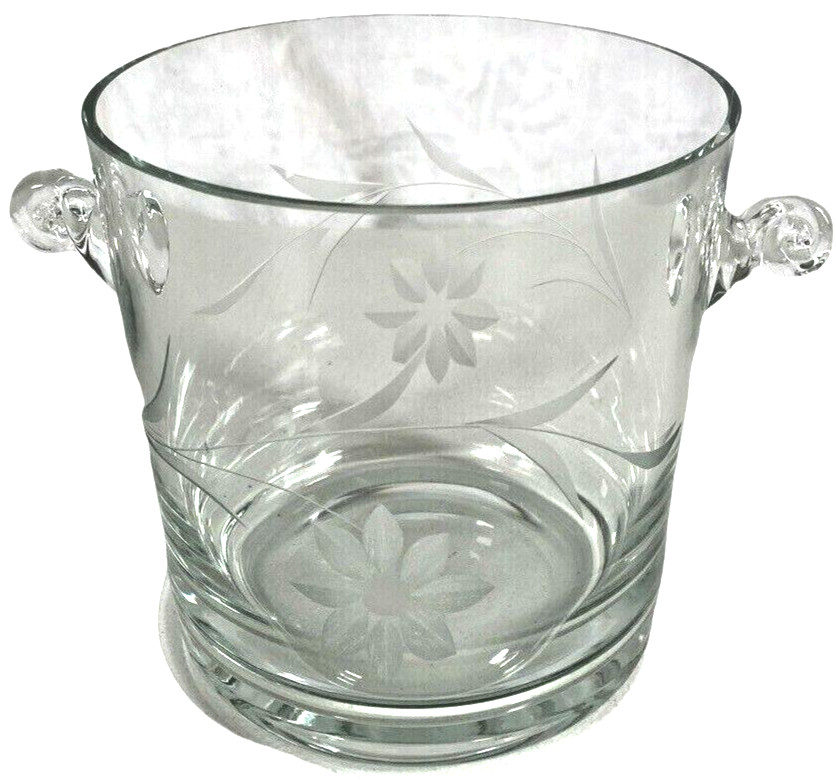 Ice Bucket Floral Etched Glass Pail Wine Curly Handle Barware Romance 5.25″x5.5″